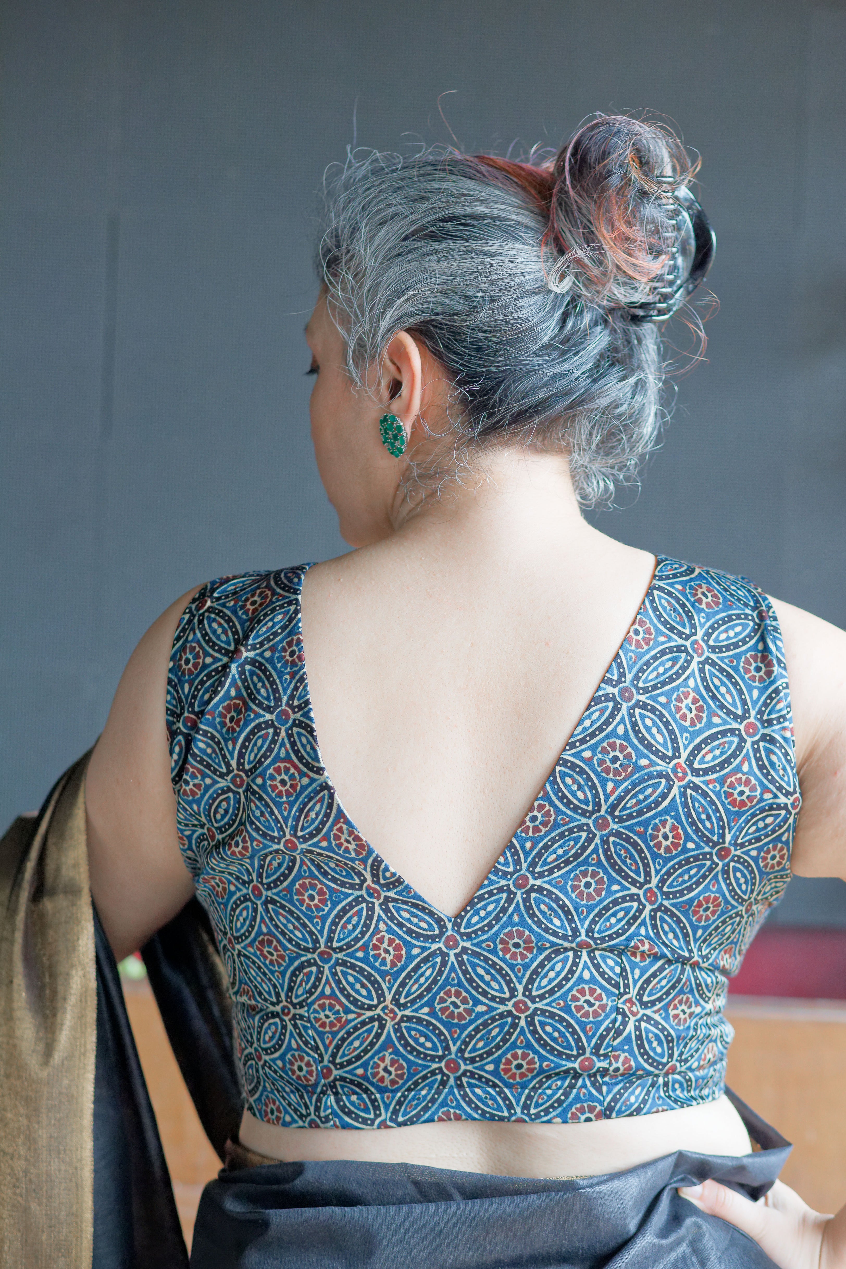 Indigo Ajrakh Handblock Printed Deep neck modal silk blouse