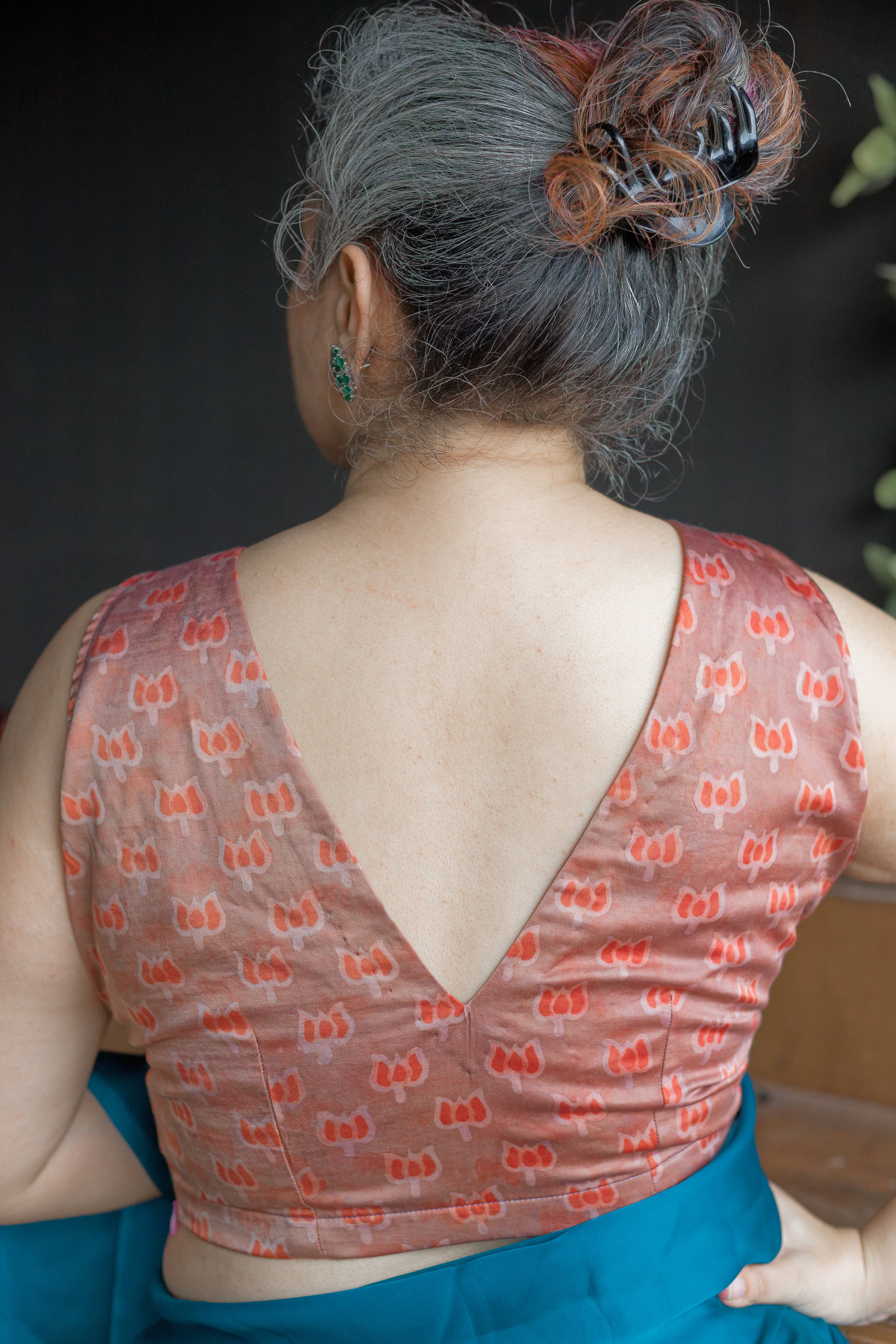 Rose pink vanaspati handblock printed modal satin  deep neck blouse