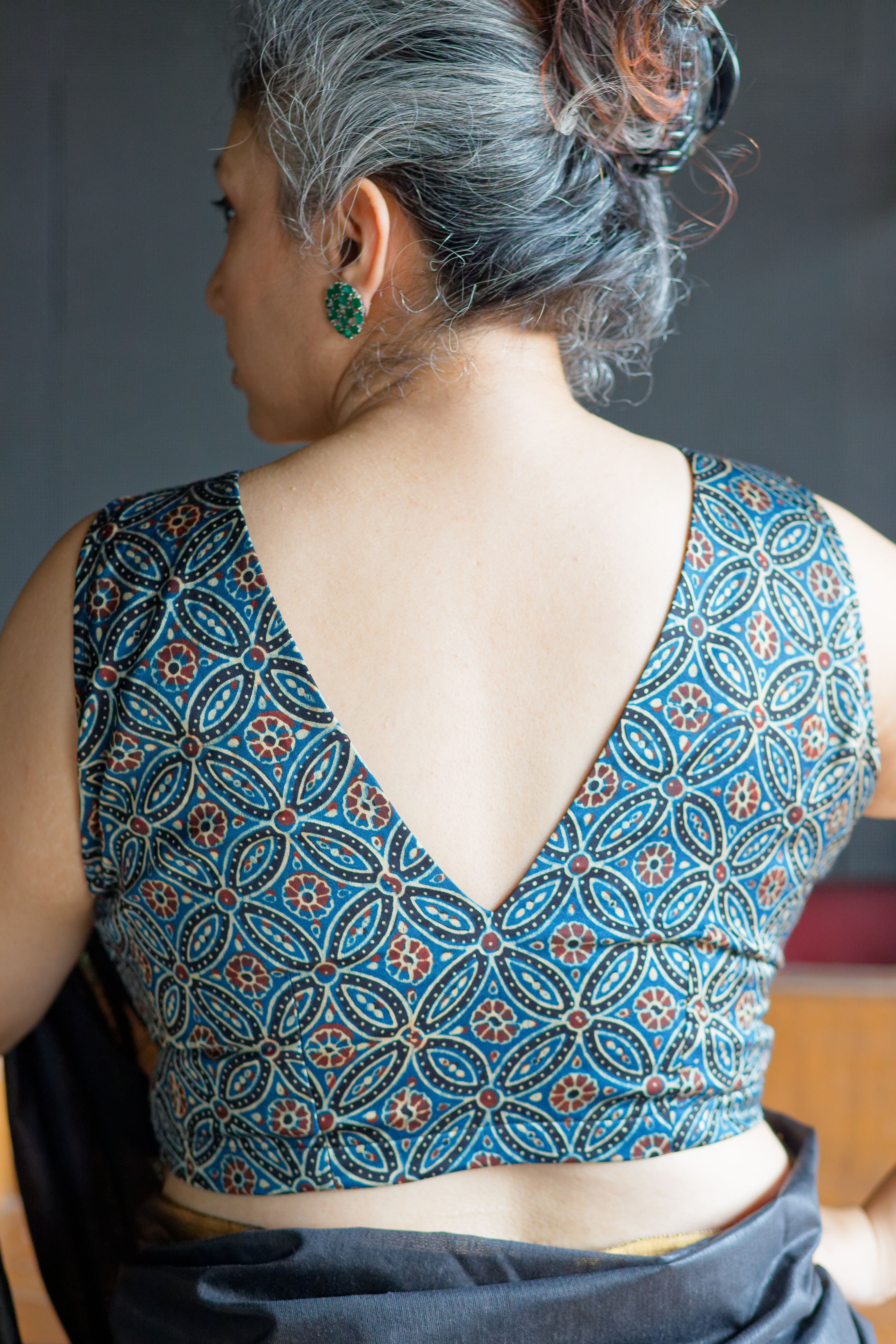Indigo Ajrakh Handblock Printed Deep neck modal silk blouse
