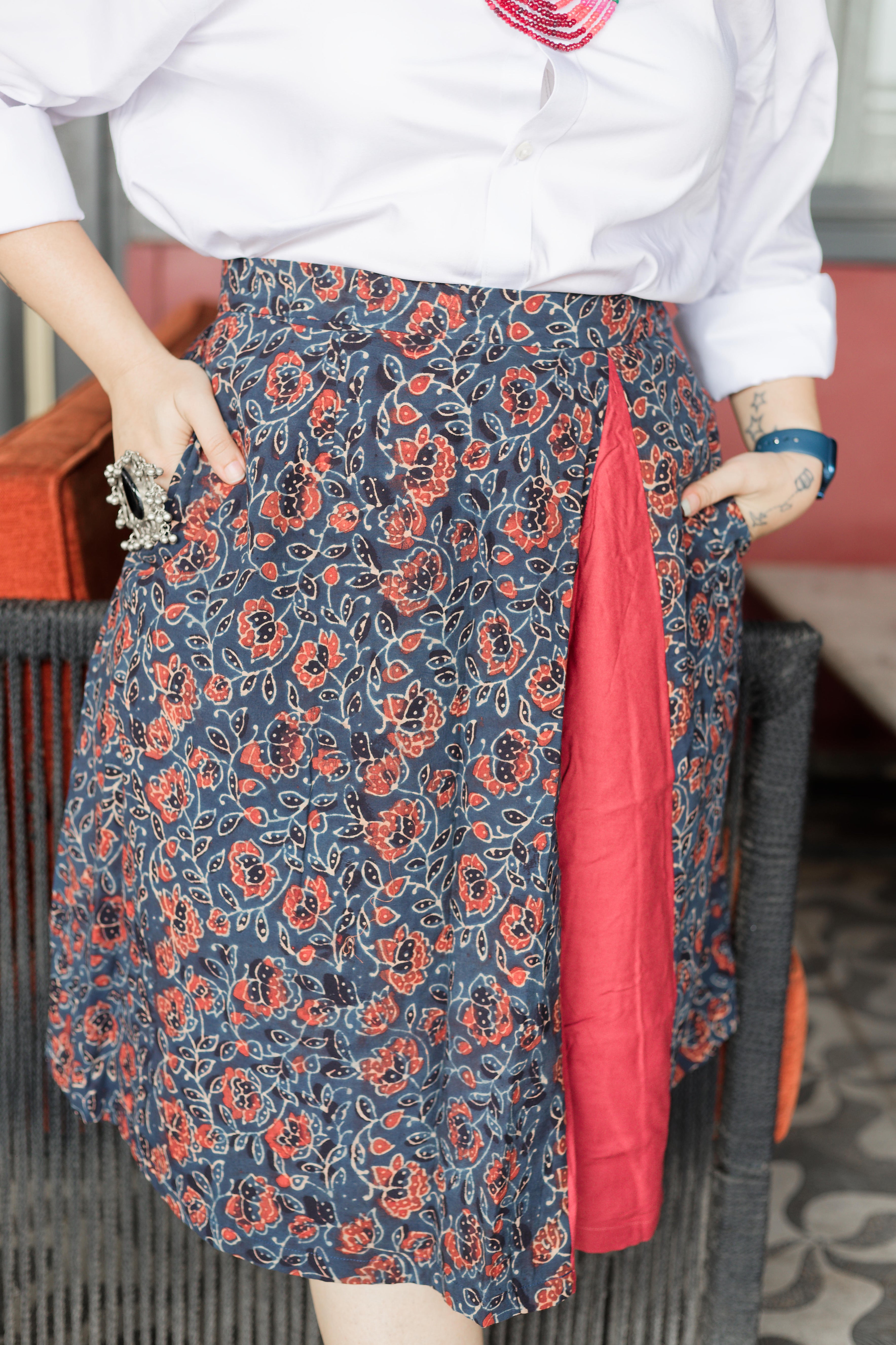 Indigo floral Ajrakh handblock print A-line cotton skirt with maroon slit