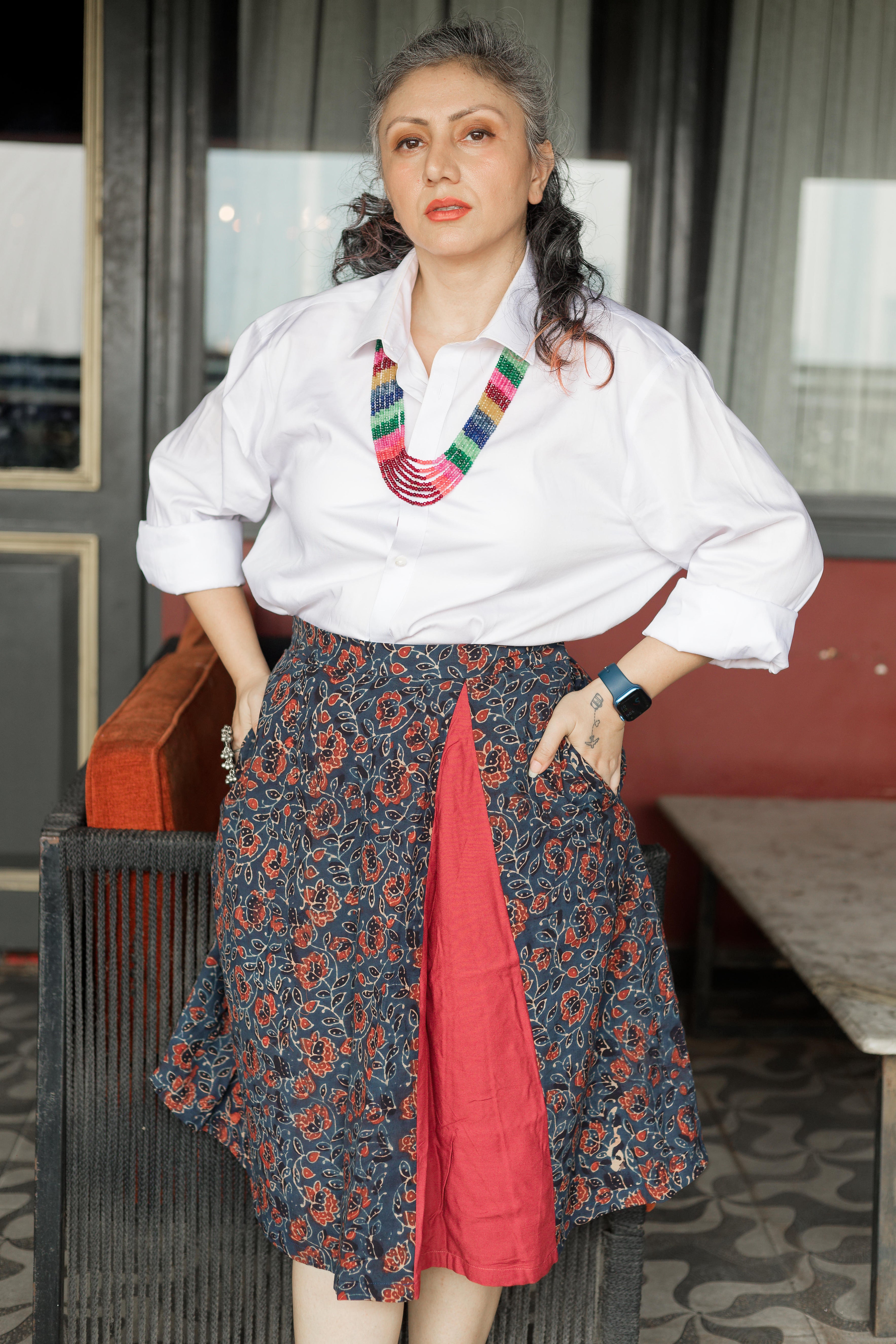 Indigo floral Ajrakh handblock print A-line cotton skirt with maroon slit