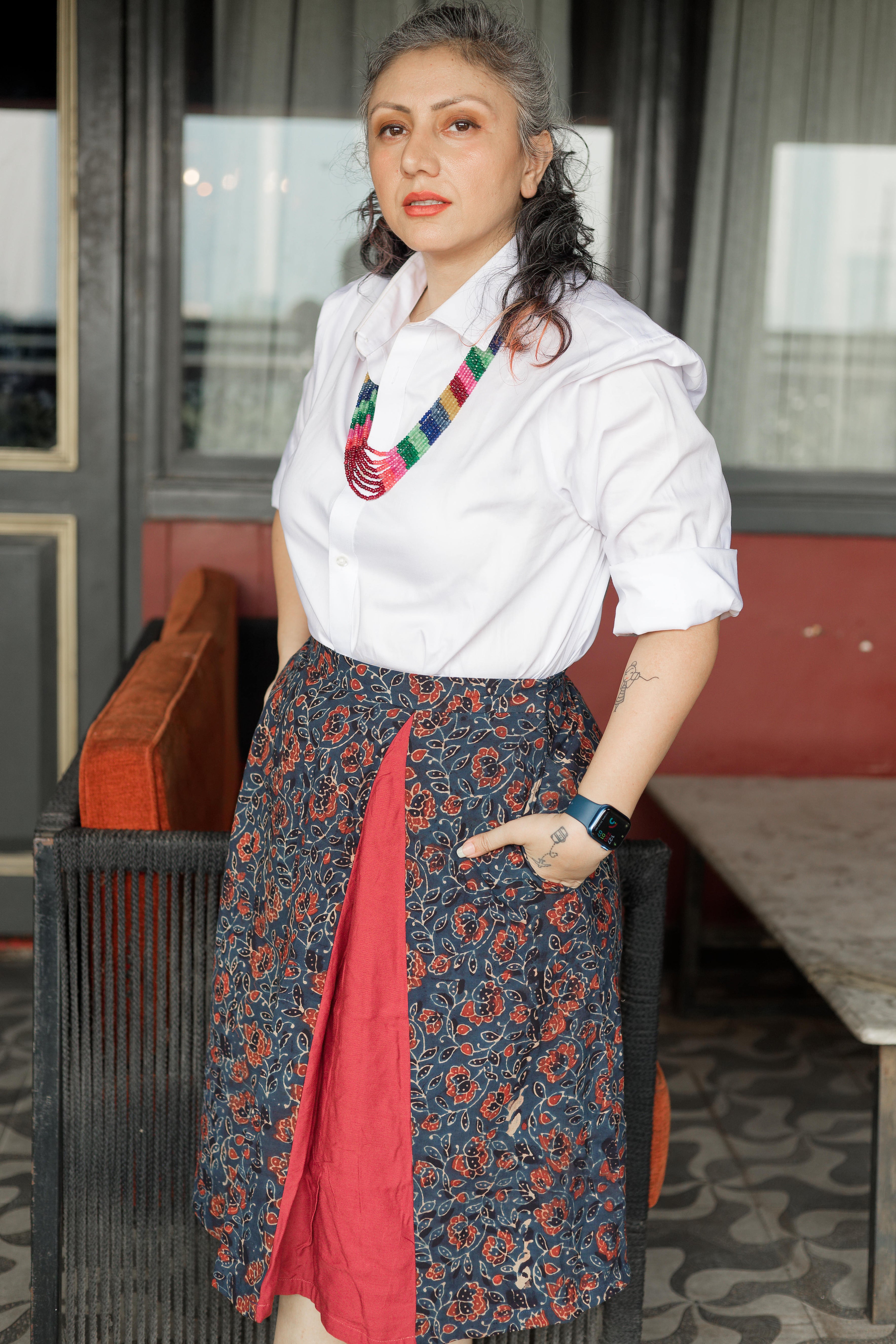 Indigo floral Ajrakh handblock print A-line cotton skirt with maroon slit