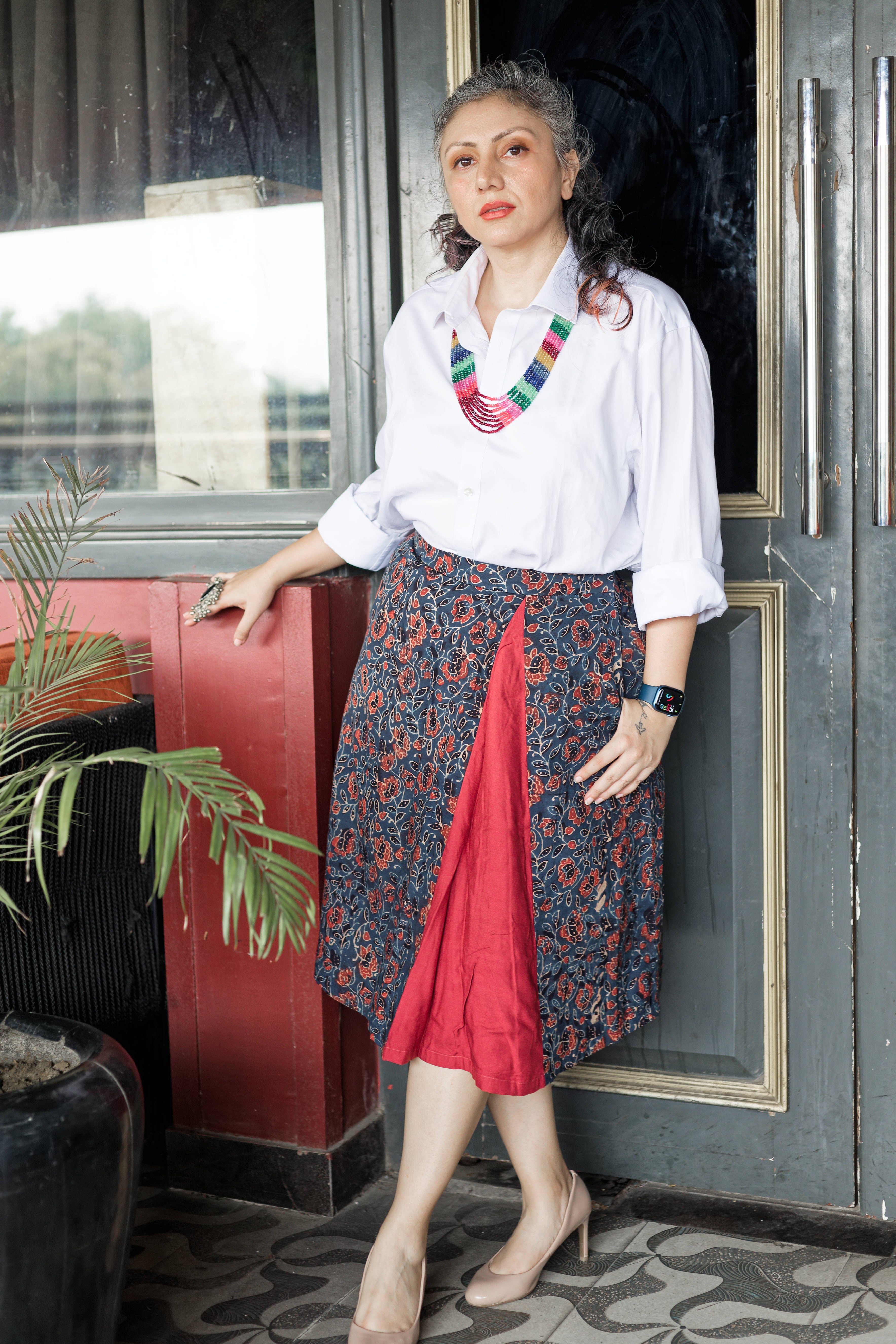 Indigo floral Ajrakh handblock print A-line cotton skirt with maroon slit