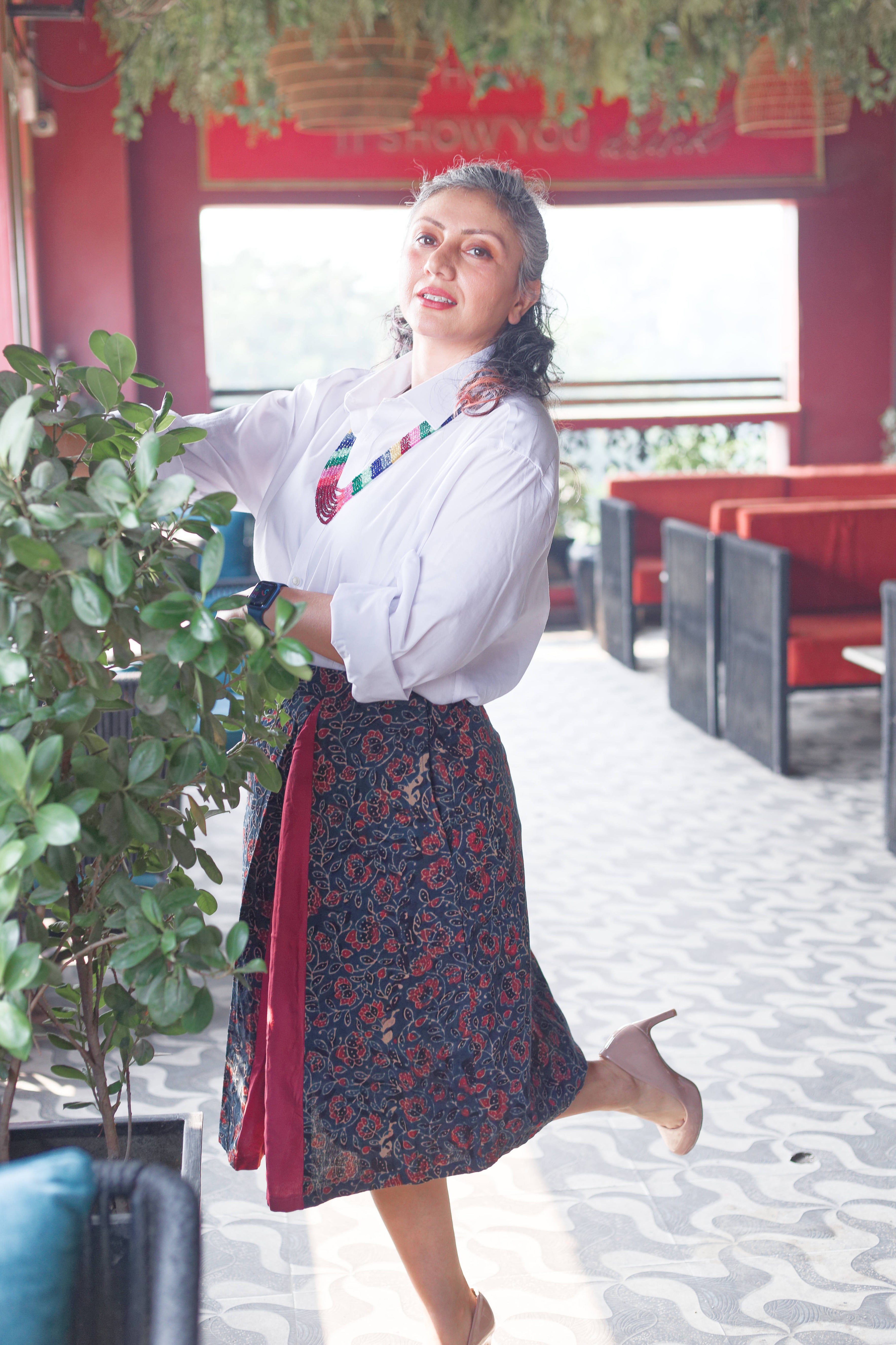 Indigo floral Ajrakh handblock print A-line cotton skirt with maroon slit
