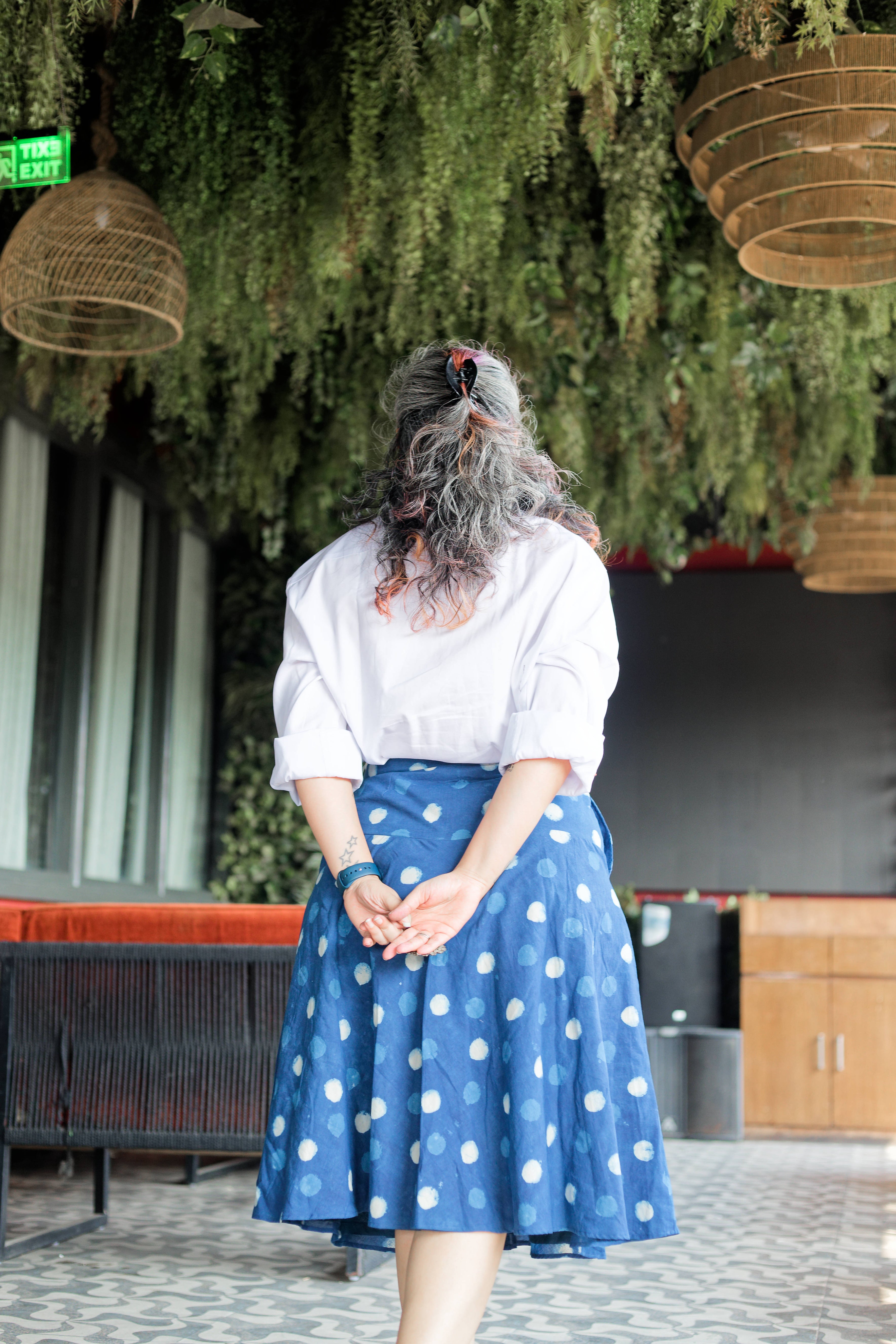 Indigo dabu handblock print polka dots cotton A-line  skirt with wooden buttons