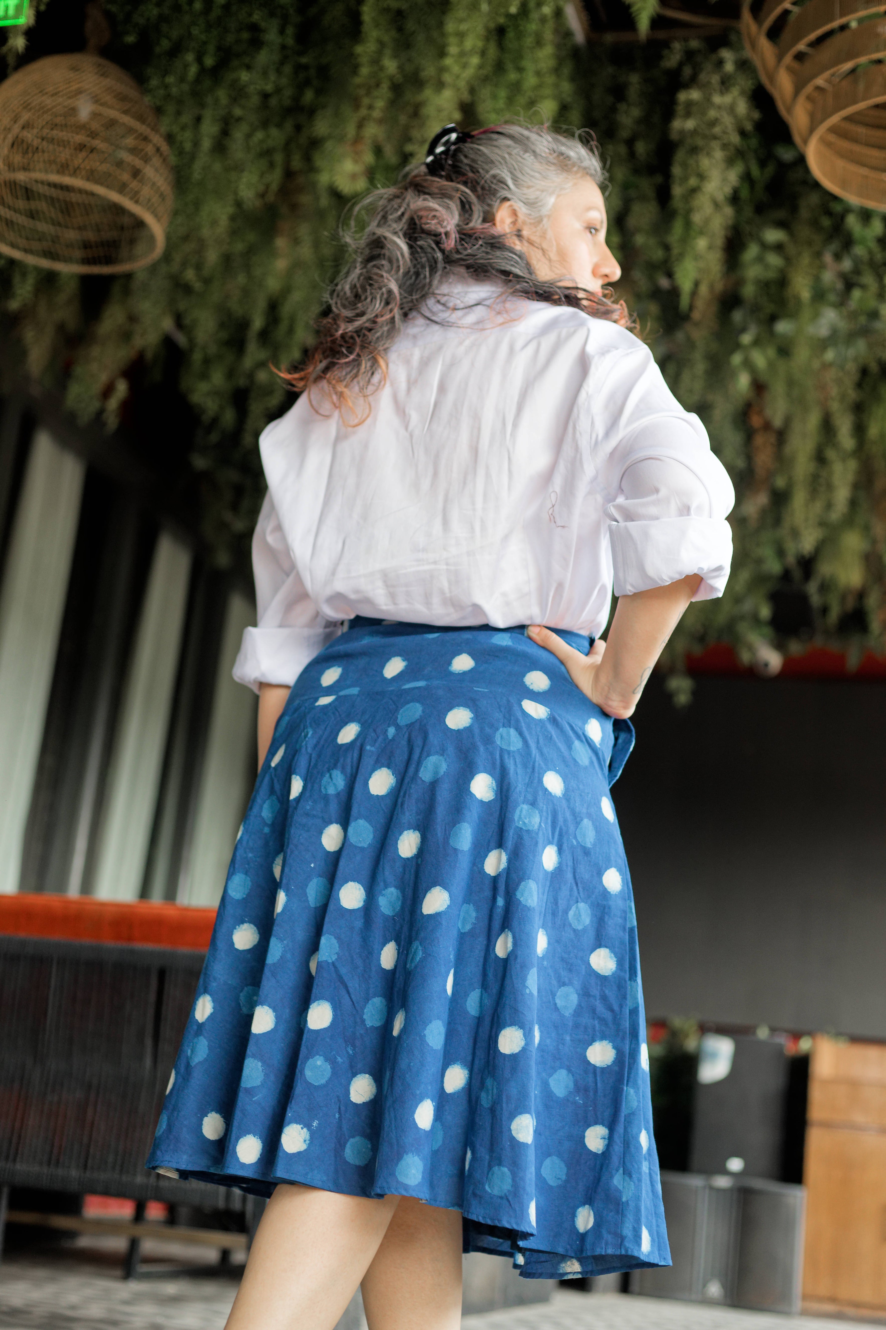 Indigo dabu handblock print polka dots cotton A-line  skirt with wooden buttons