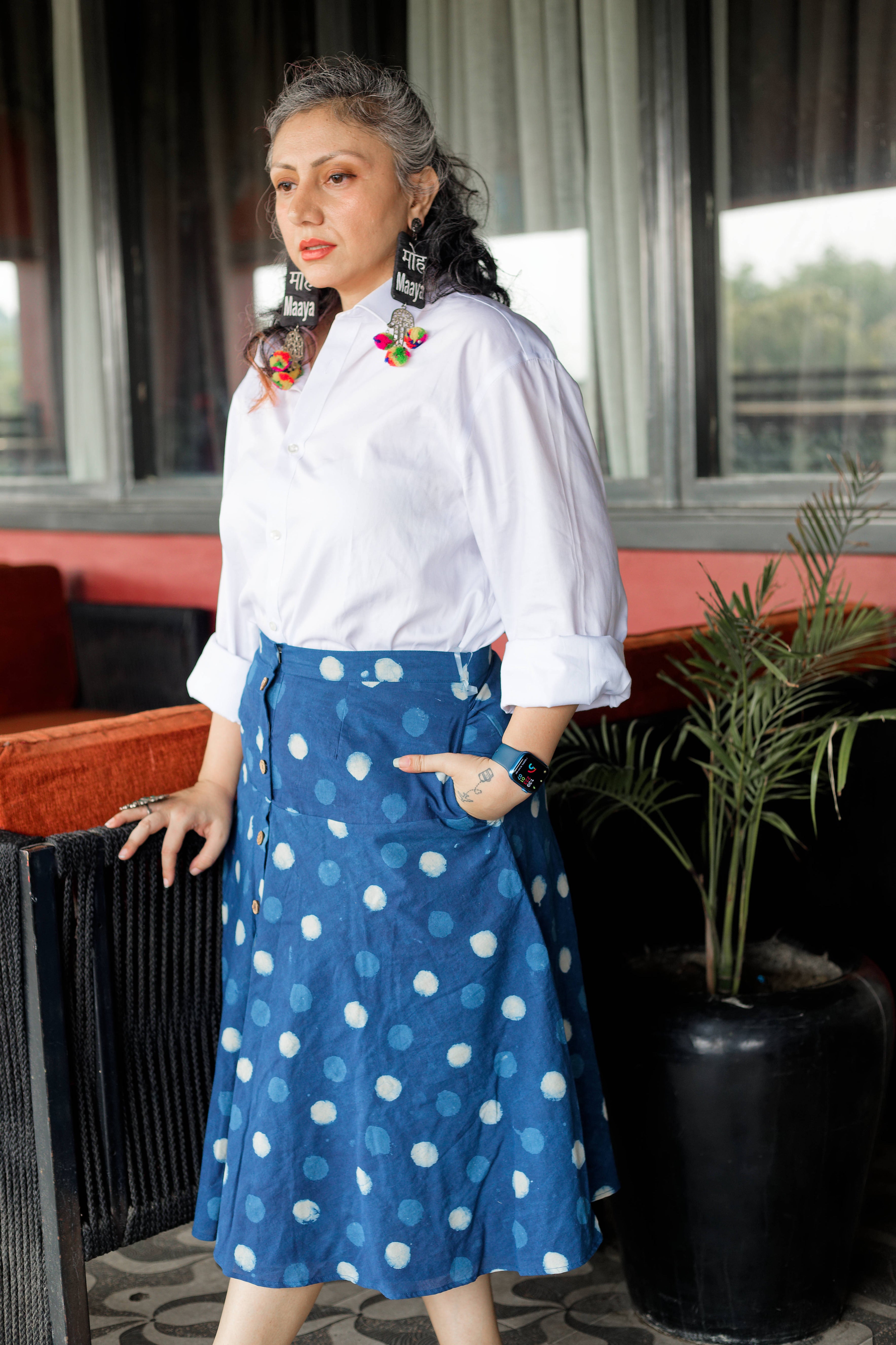 Indigo dabu handblock print polka dots cotton A-line  skirt with wooden buttons