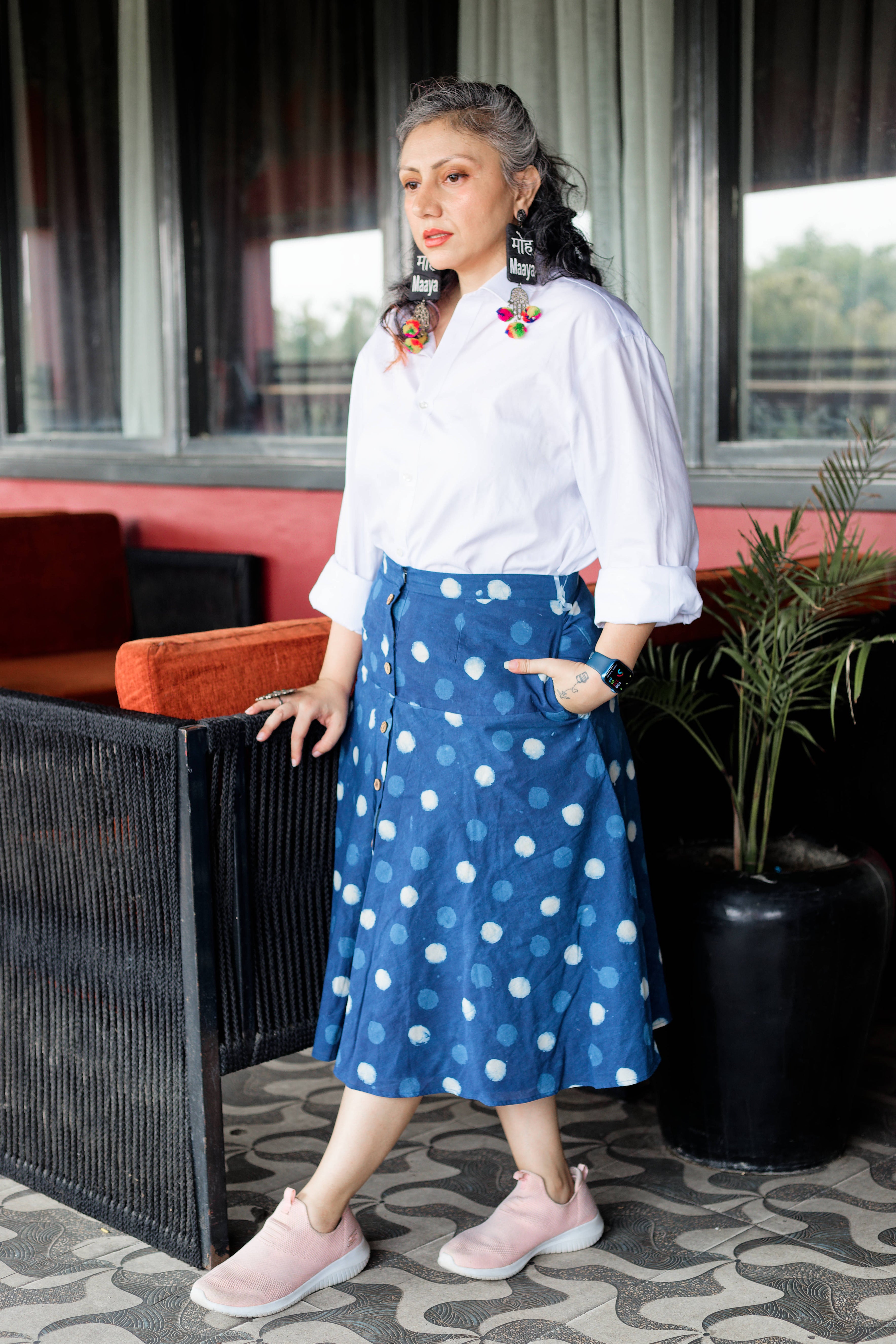 Indigo dabu handblock print polka dots cotton A-line  skirt with wooden buttons