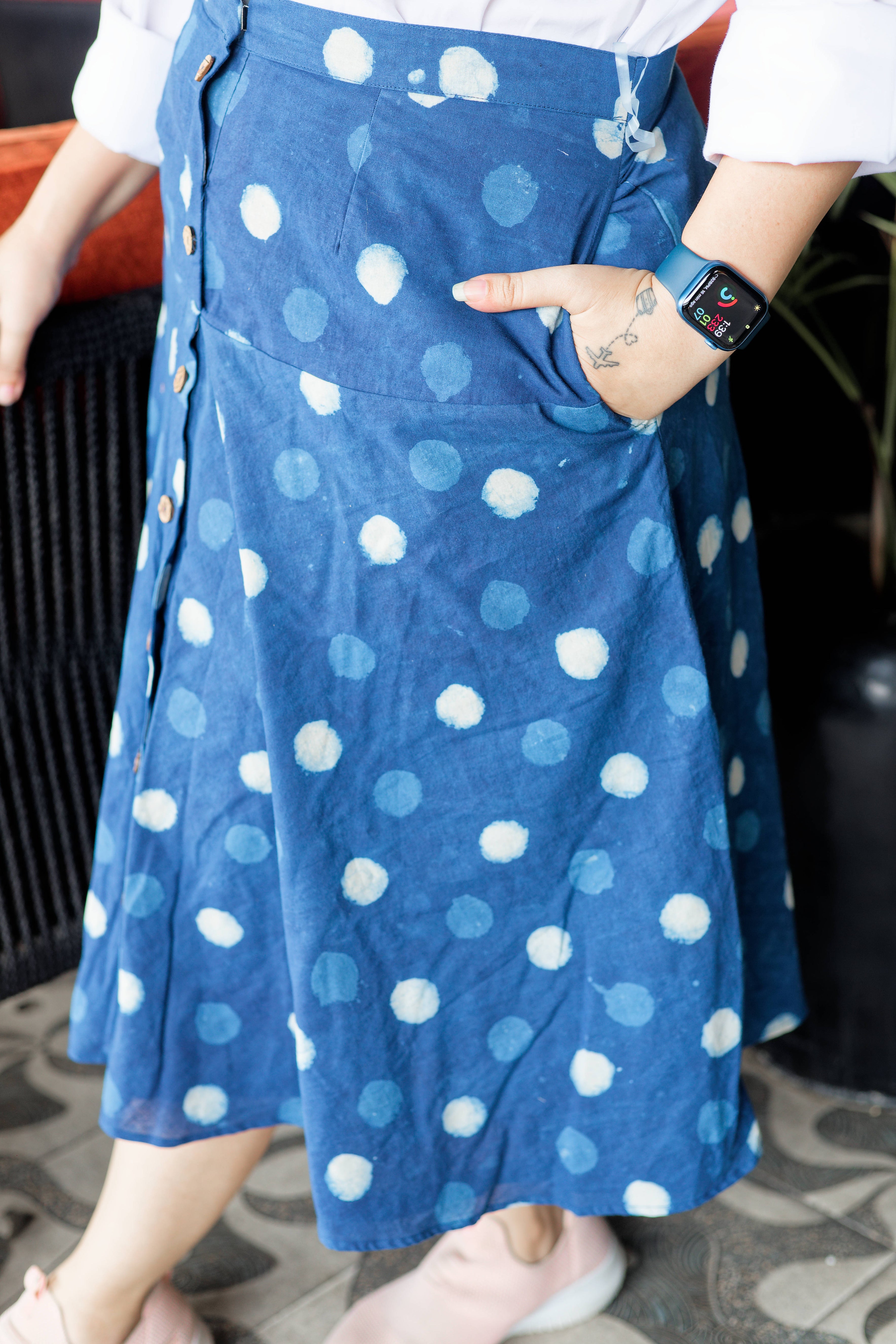 Indigo dabu handblock print polka dots cotton A-line  skirt with wooden buttons