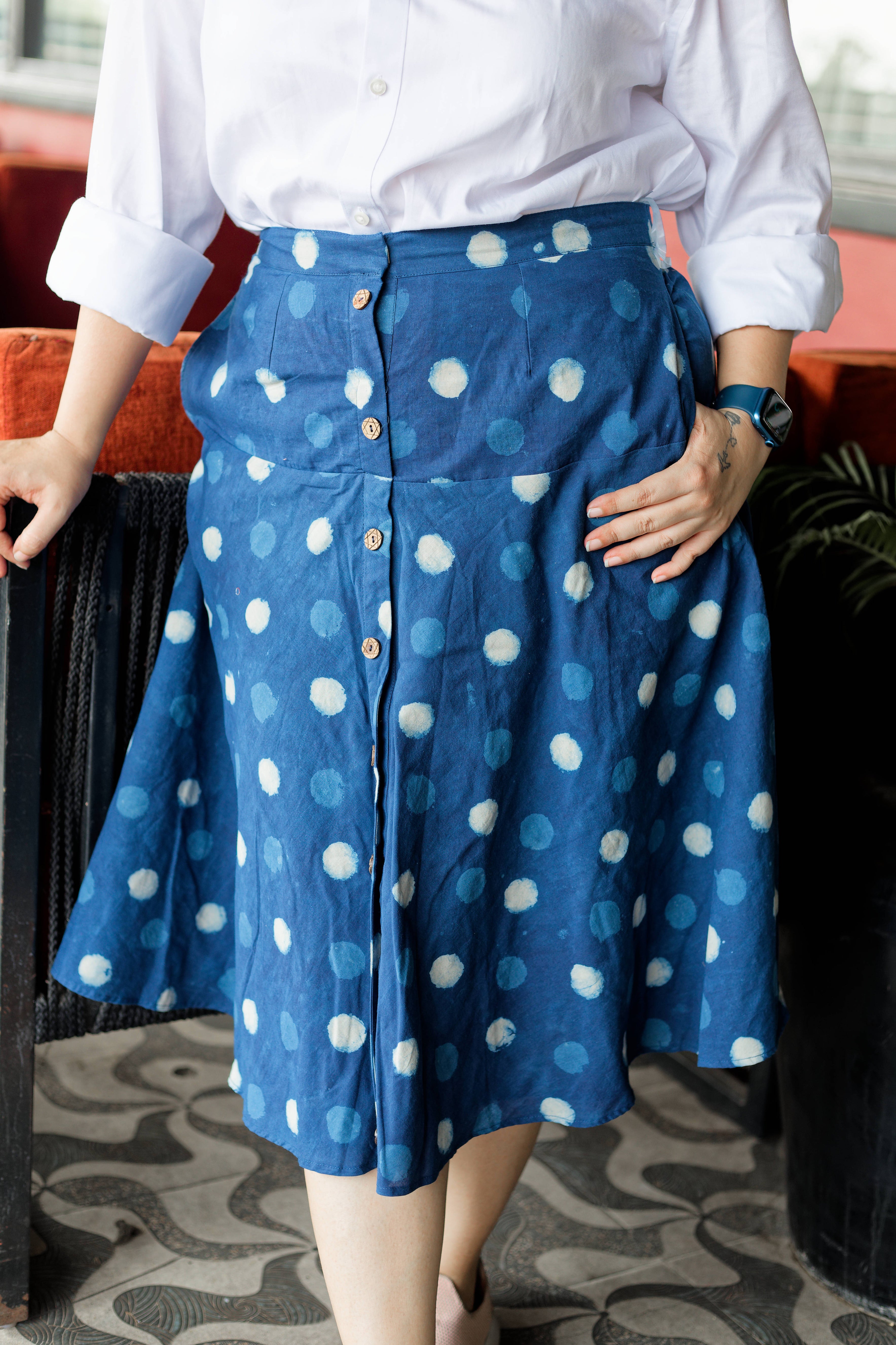 Indigo dabu handblock print polka dots cotton A-line  skirt with wooden buttons