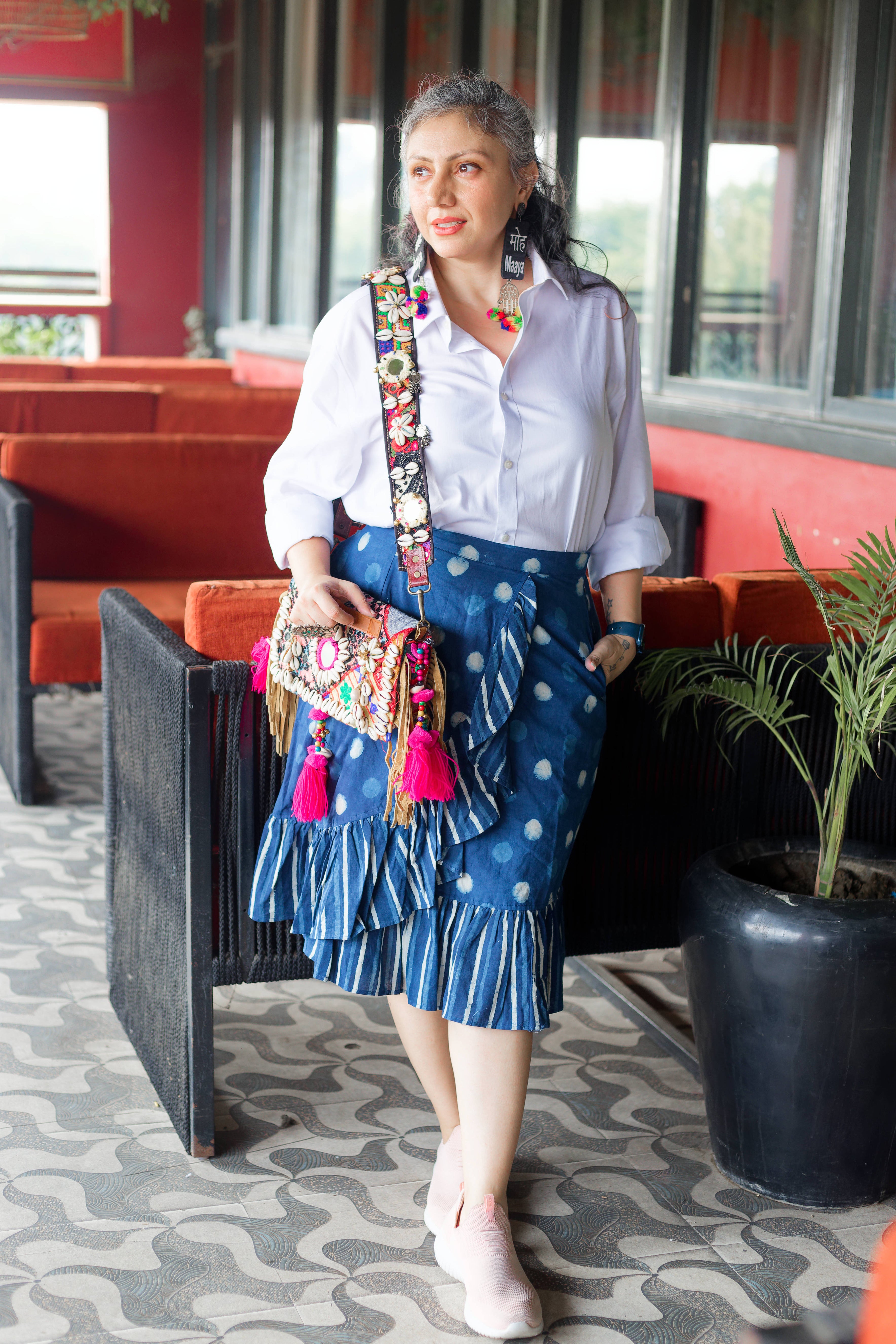 Indigo dabu handblock print polka dots wrap style cotton skirts with frills