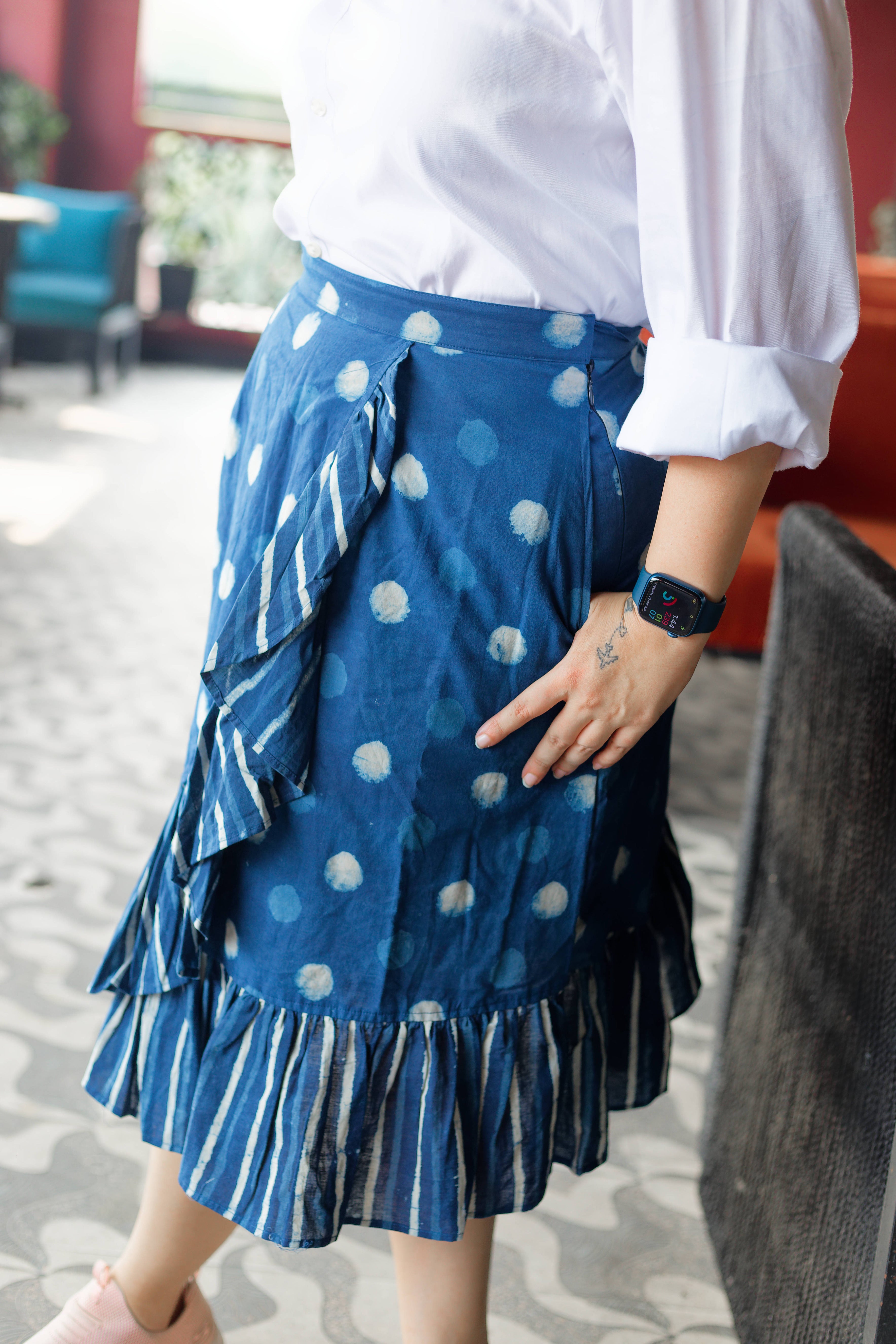 Indigo dabu handblock print polka dots wrap style cotton skirts with frills