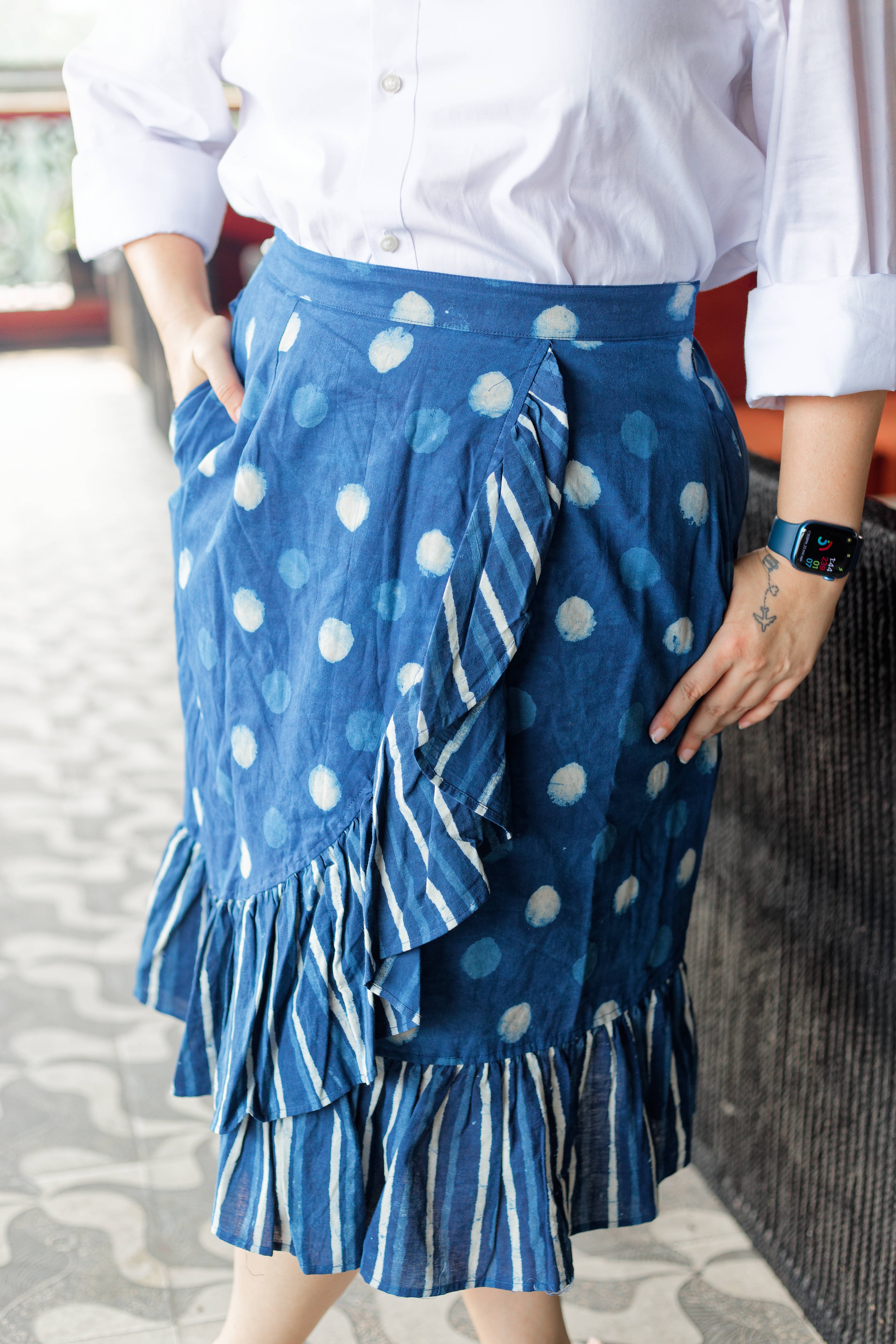 Indigo dabu handblock print polka dots wrap style cotton skirts with frills
