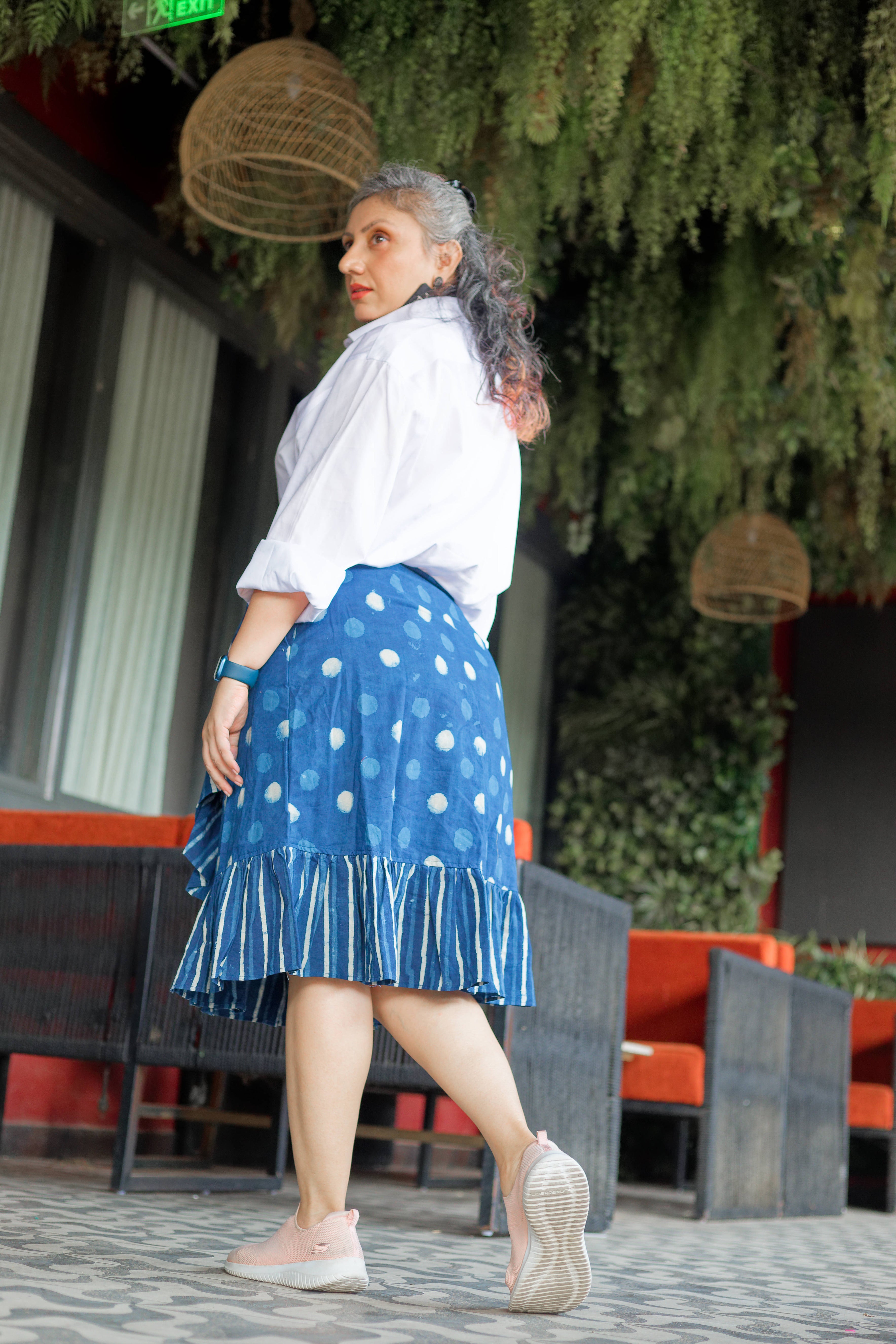 Indigo dabu handblock print polka dots wrap style cotton skirts with frills