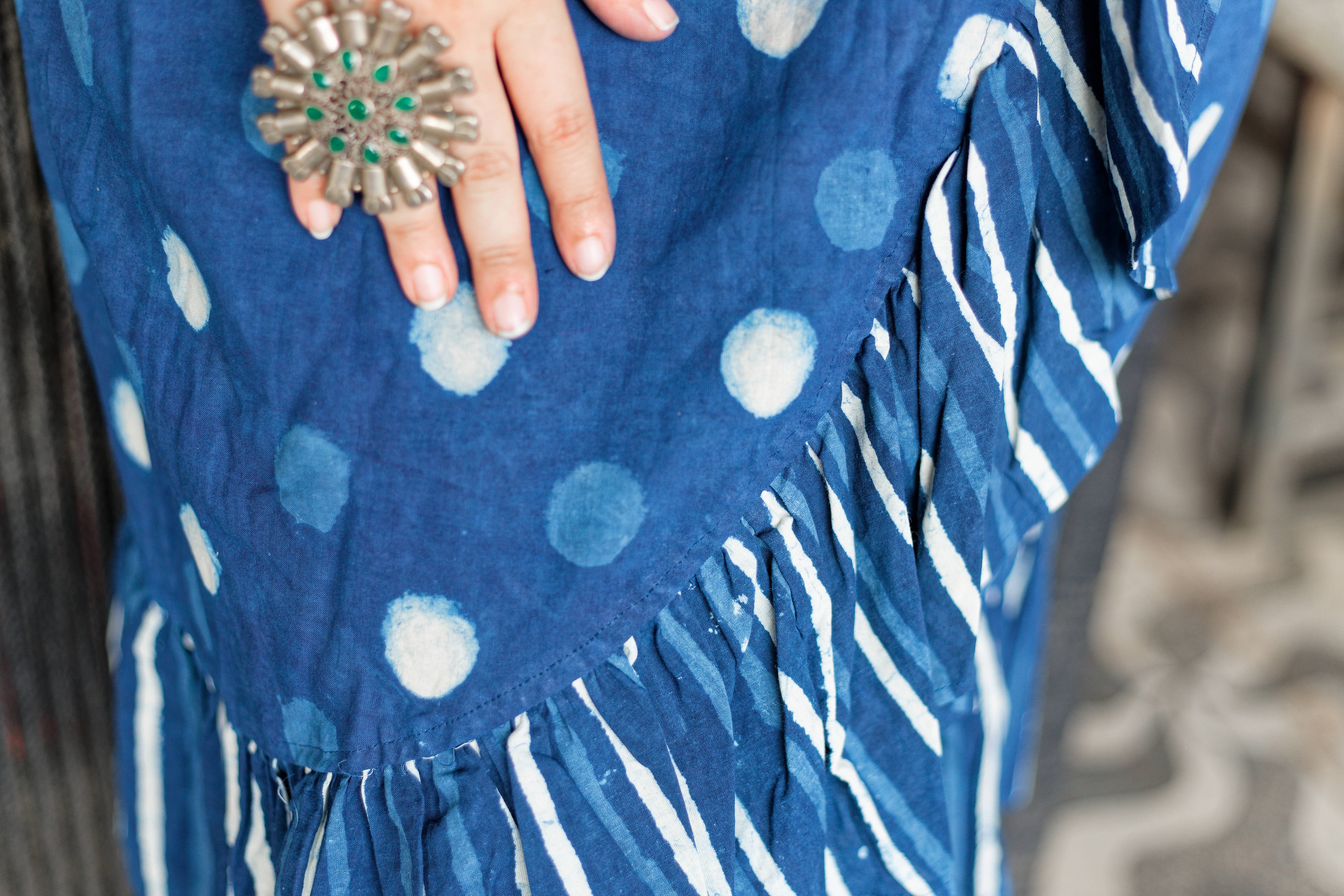 Indigo dabu handblock print polka dots wrap style cotton skirts with frills