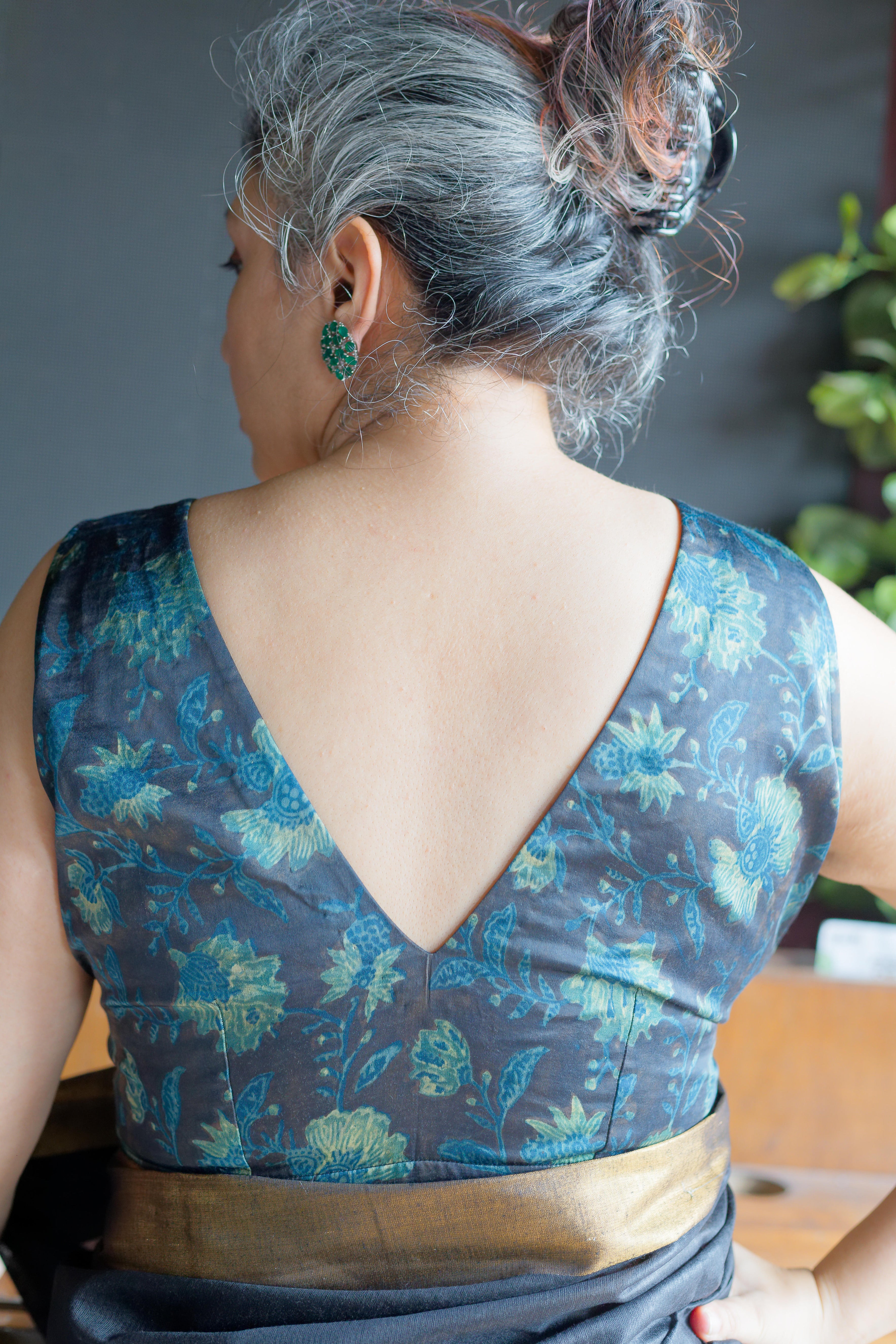 Black vanaspati handblock print indigo floral modal satin deep neck blouse