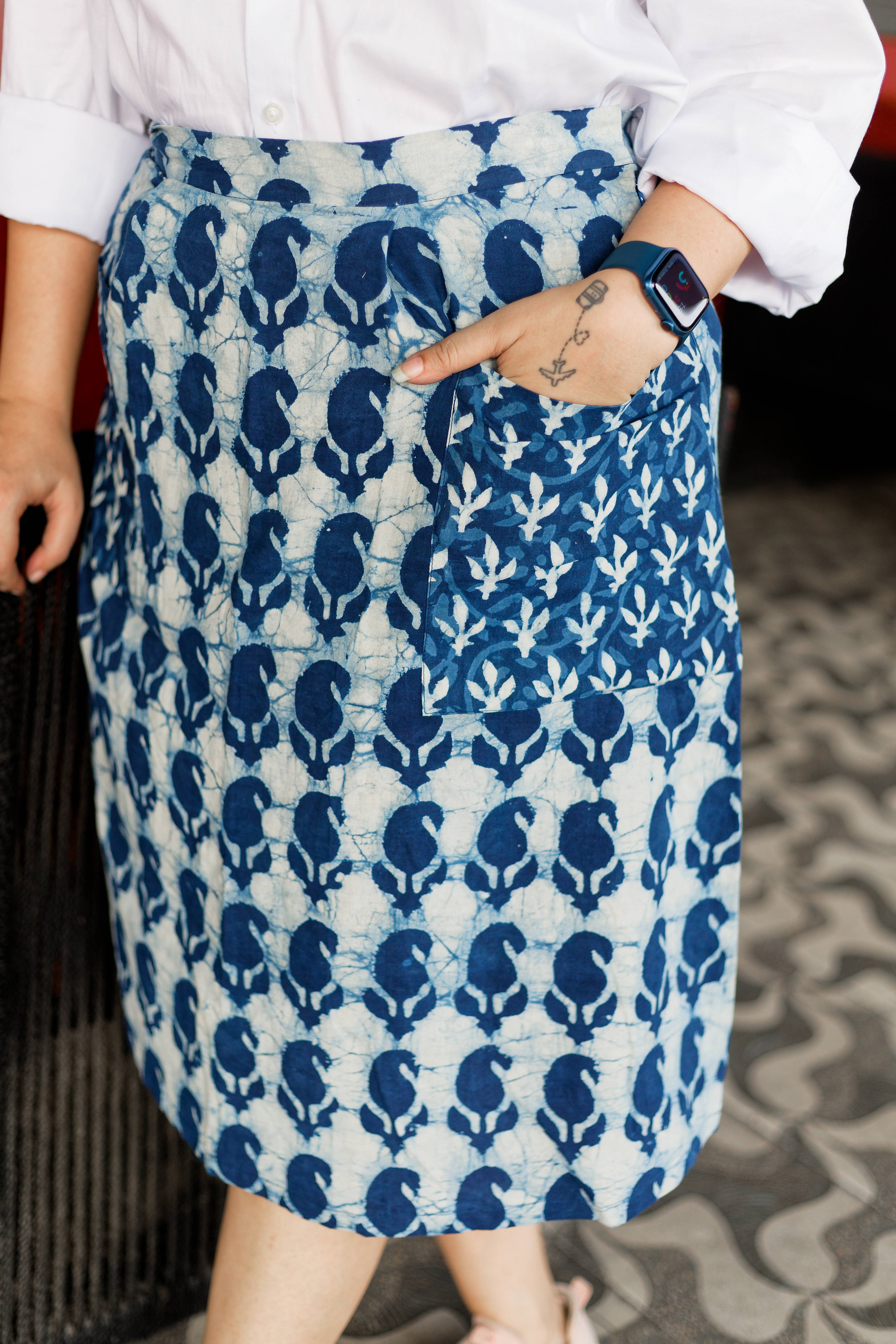 Indigo dabu handblock paisley print Tulip style cotton skirt