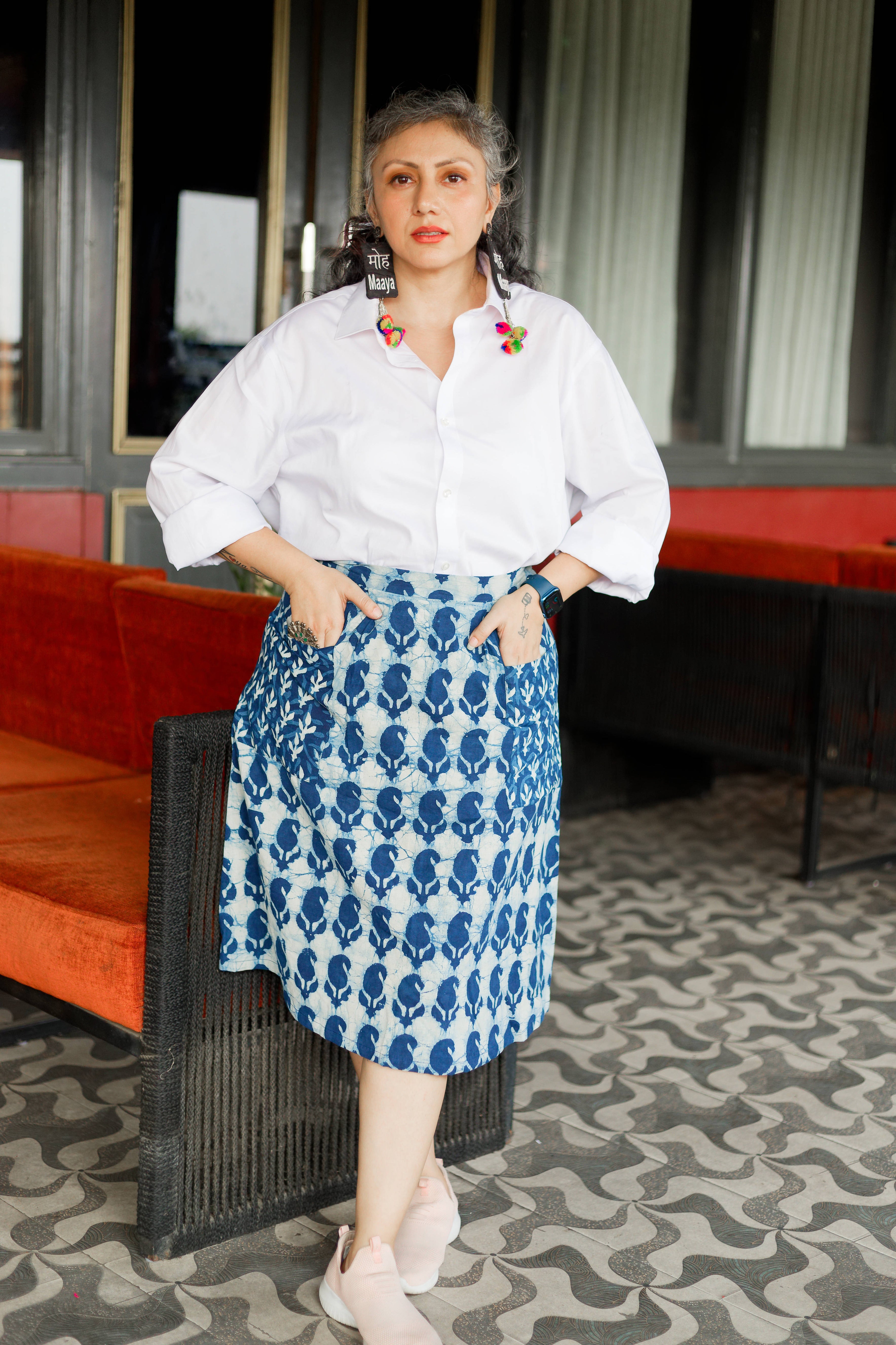 Indigo dabu handblock paisley print Tulip style cotton skirt