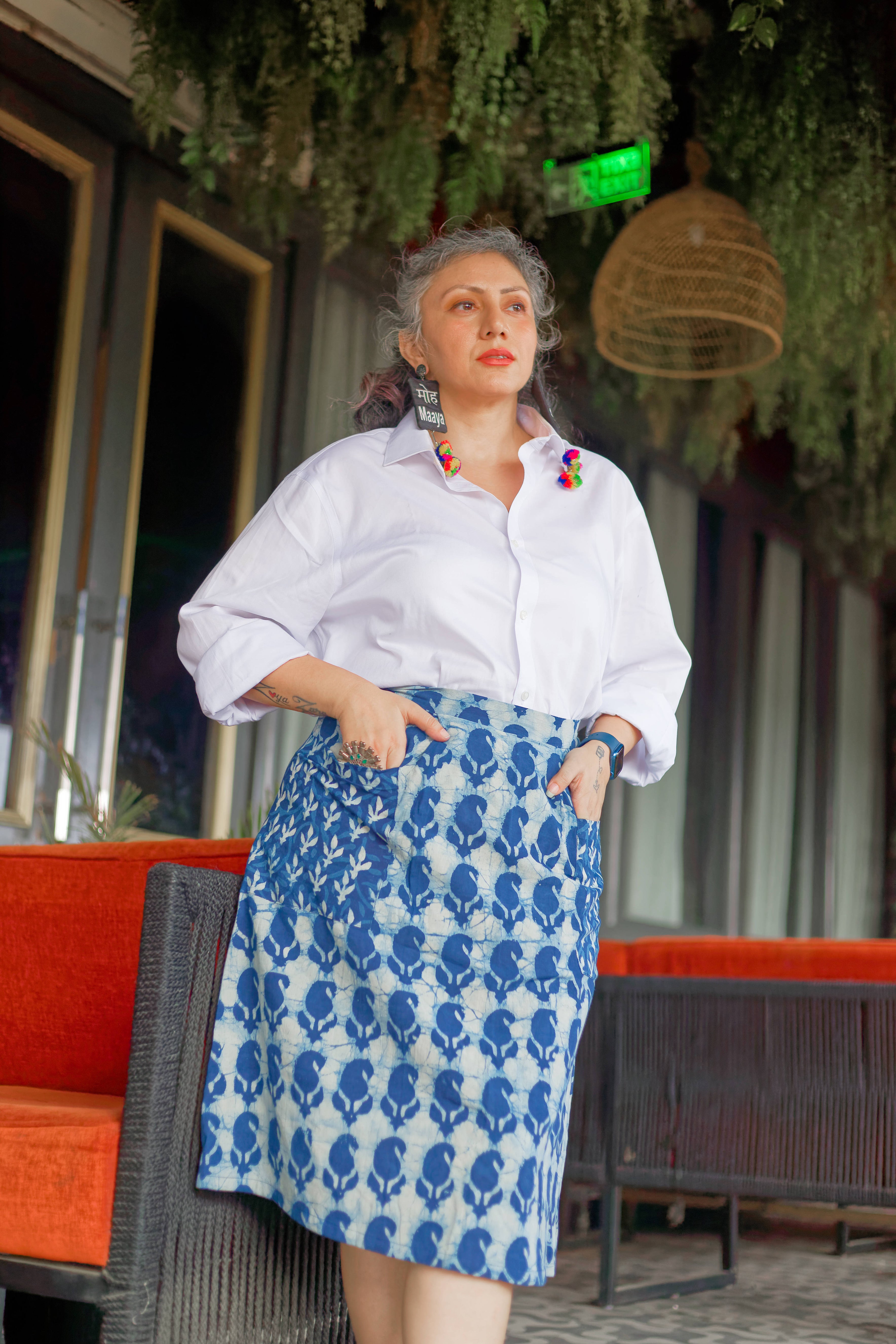 Indigo dabu handblock paisley print Tulip style cotton skirt
