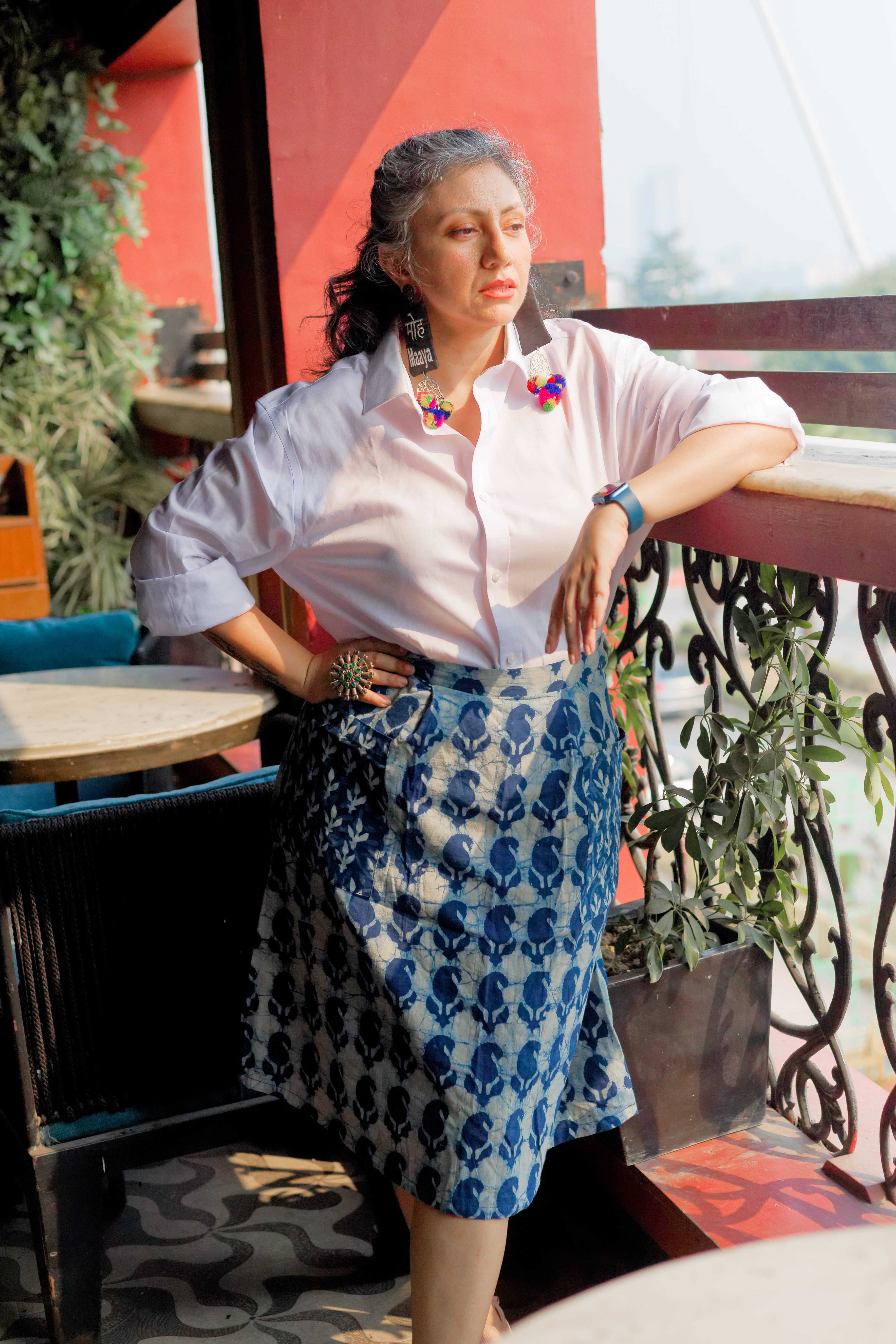 Indigo dabu handblock paisley print Tulip style cotton skirt