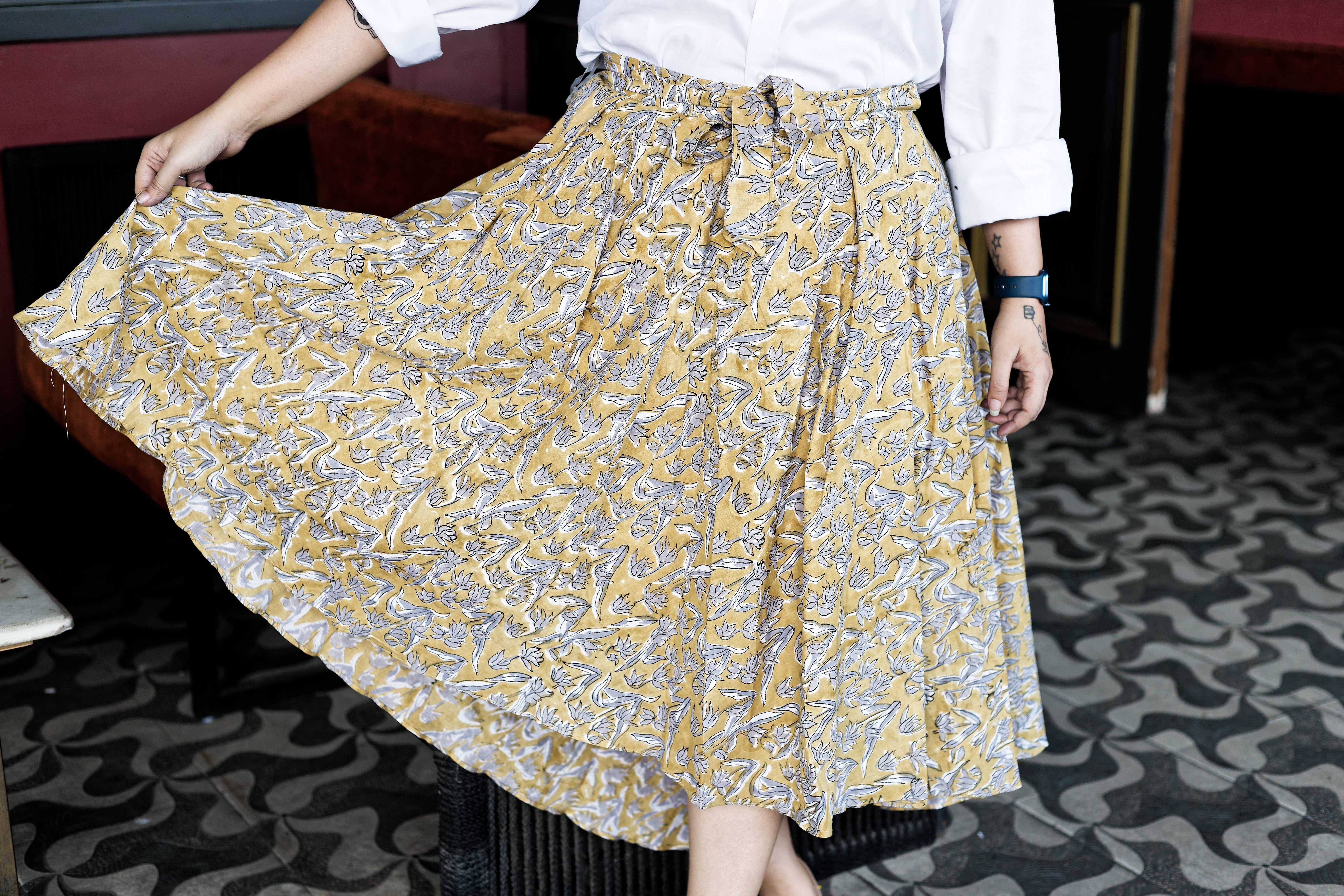 Mustard sangnaeri handblock print asymmetrical  cotton skirt
