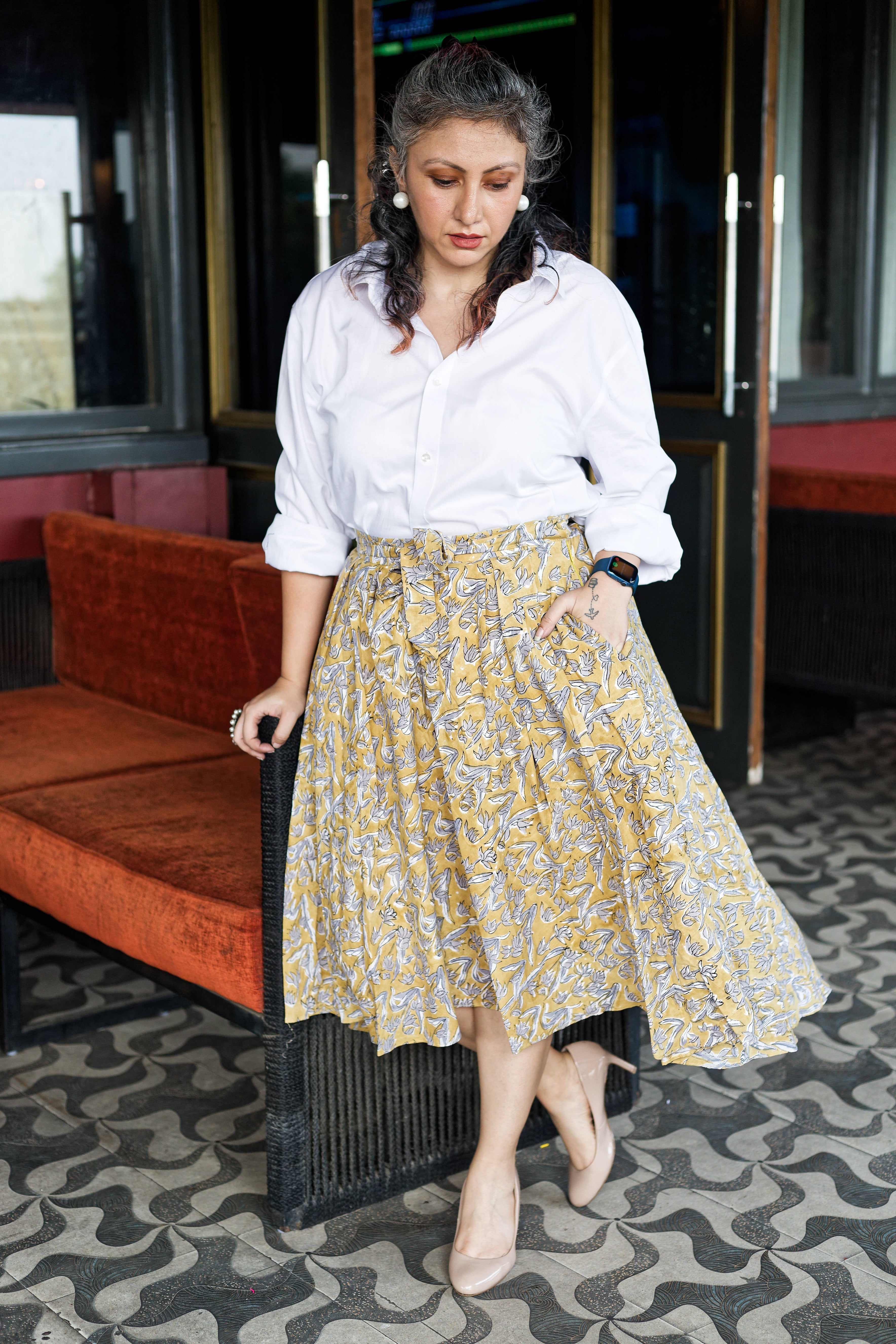 Mustard sangnaeri handblock print asymmetrical  cotton skirt