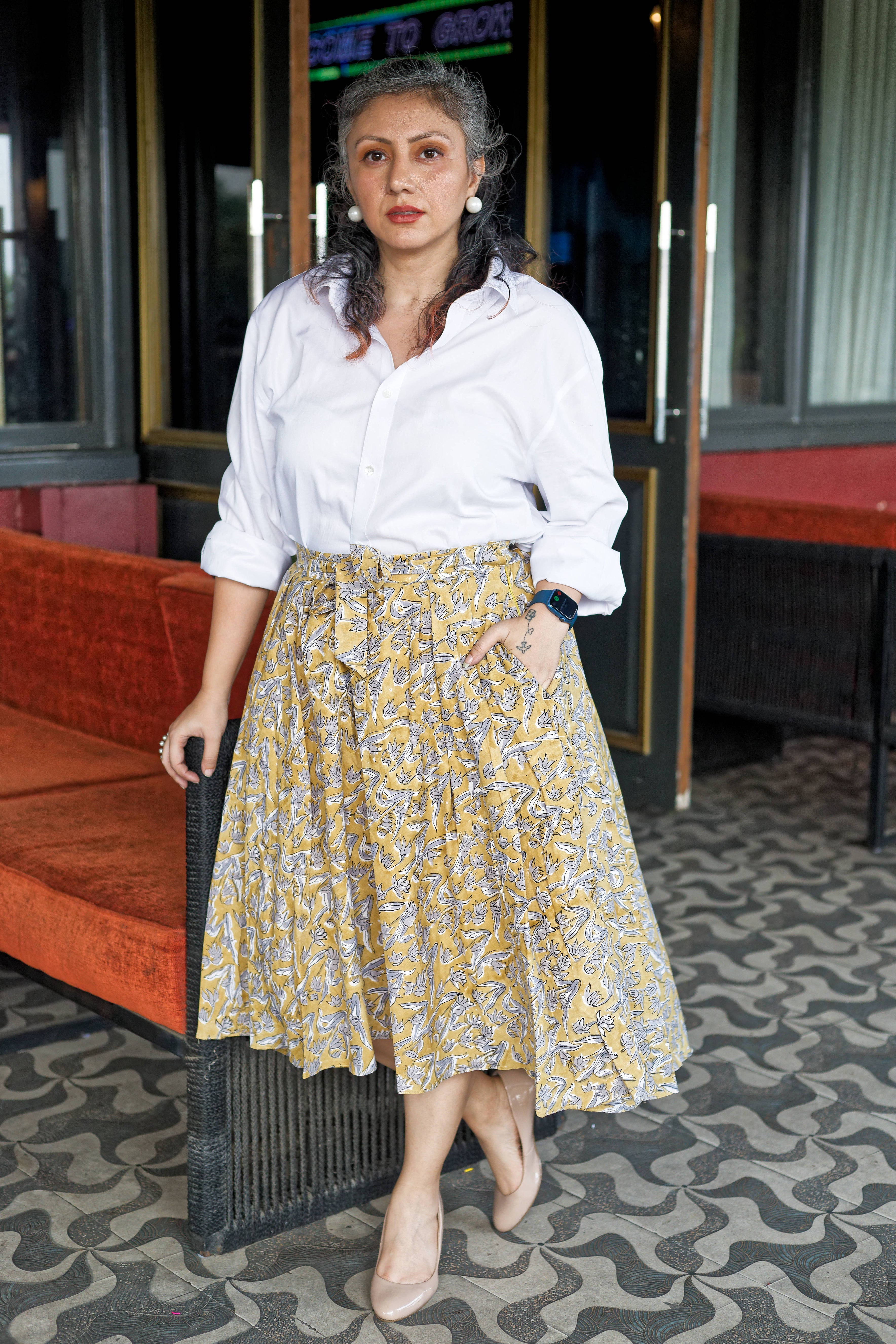 Mustard sangnaeri handblock print asymmetrical  cotton skirt