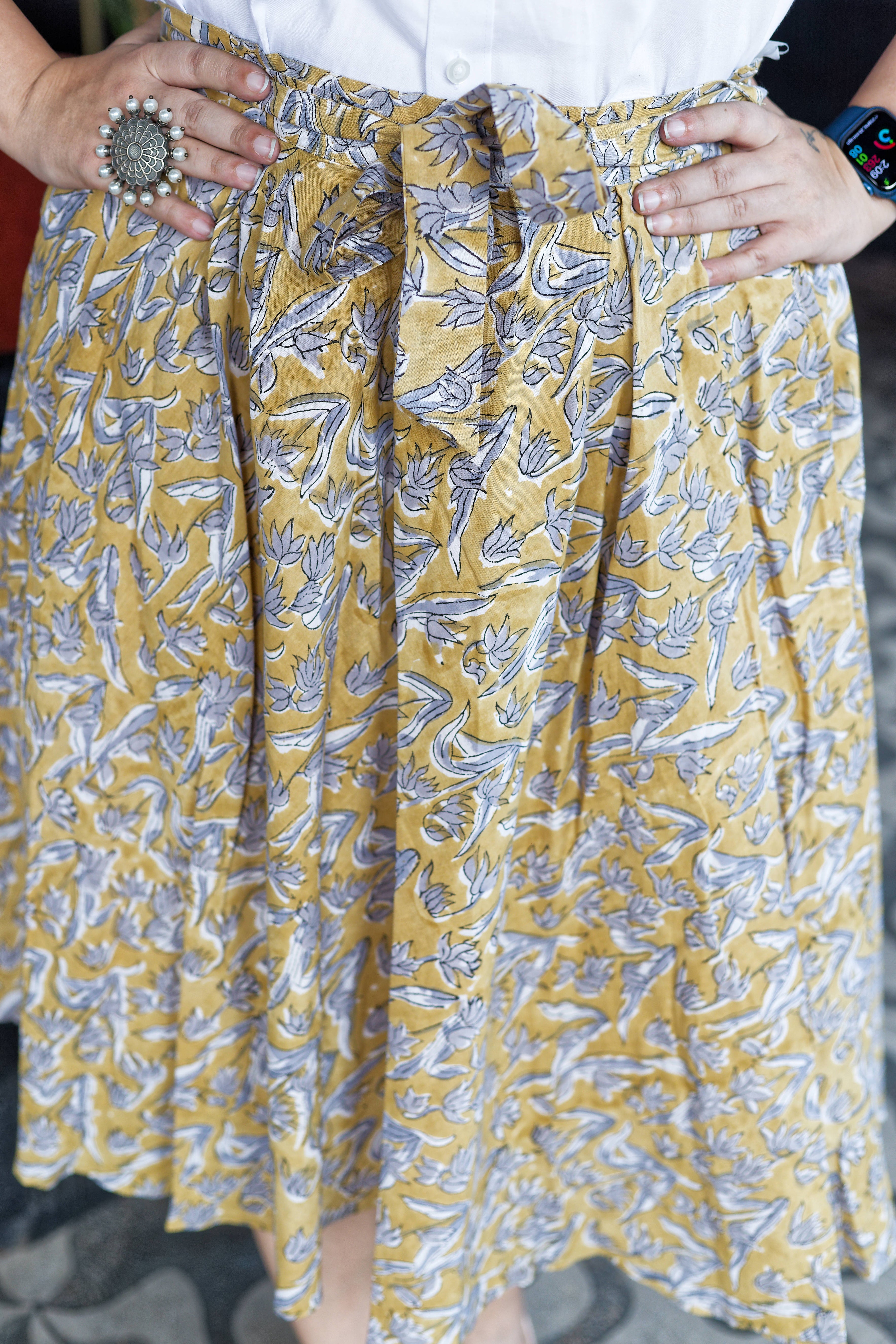 Mustard sangnaeri handblock print asymmetrical  cotton skirt