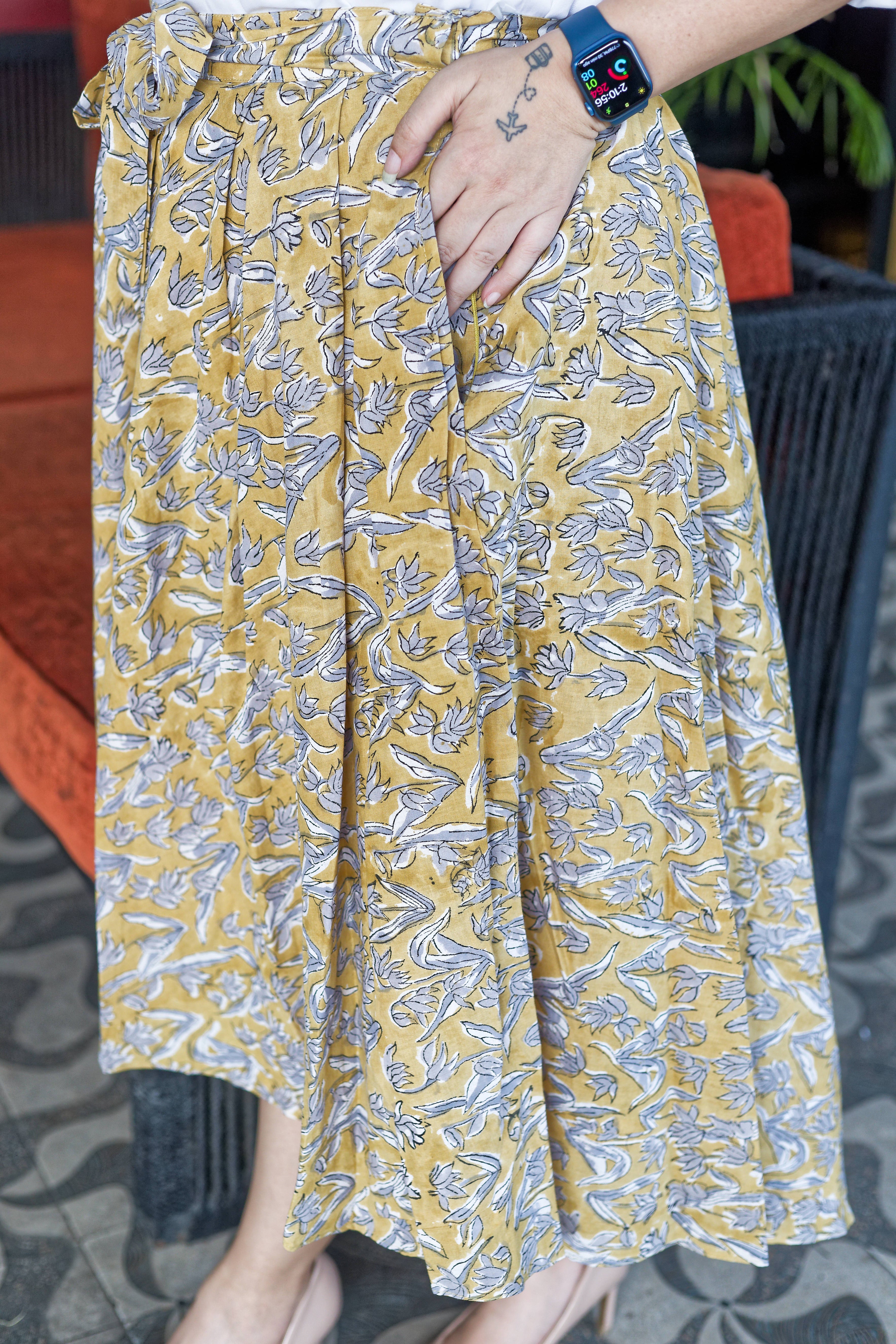Mustard sangnaeri handblock print asymmetrical  cotton skirt
