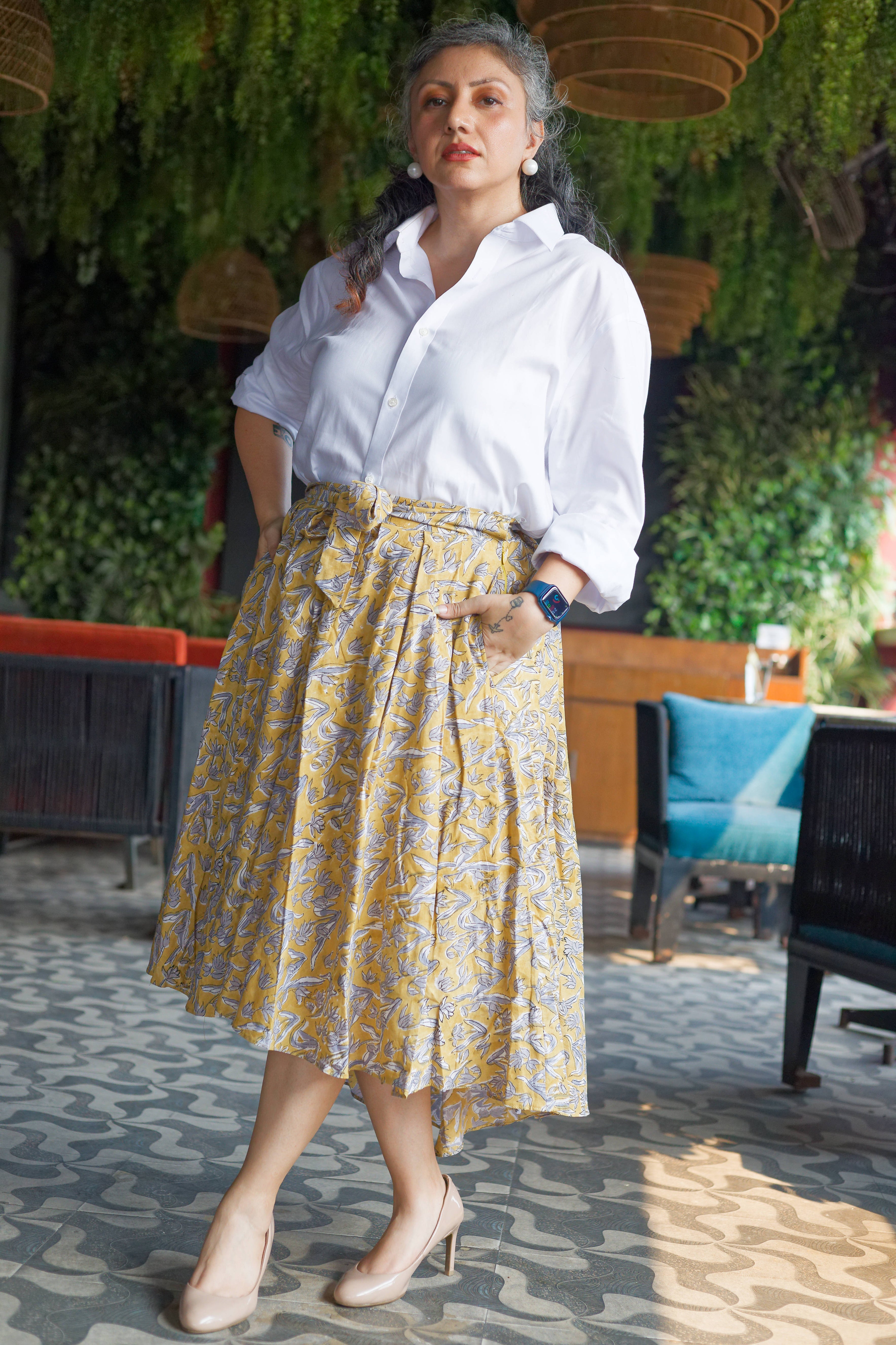 Mustard sangnaeri handblock print asymmetrical  cotton skirt