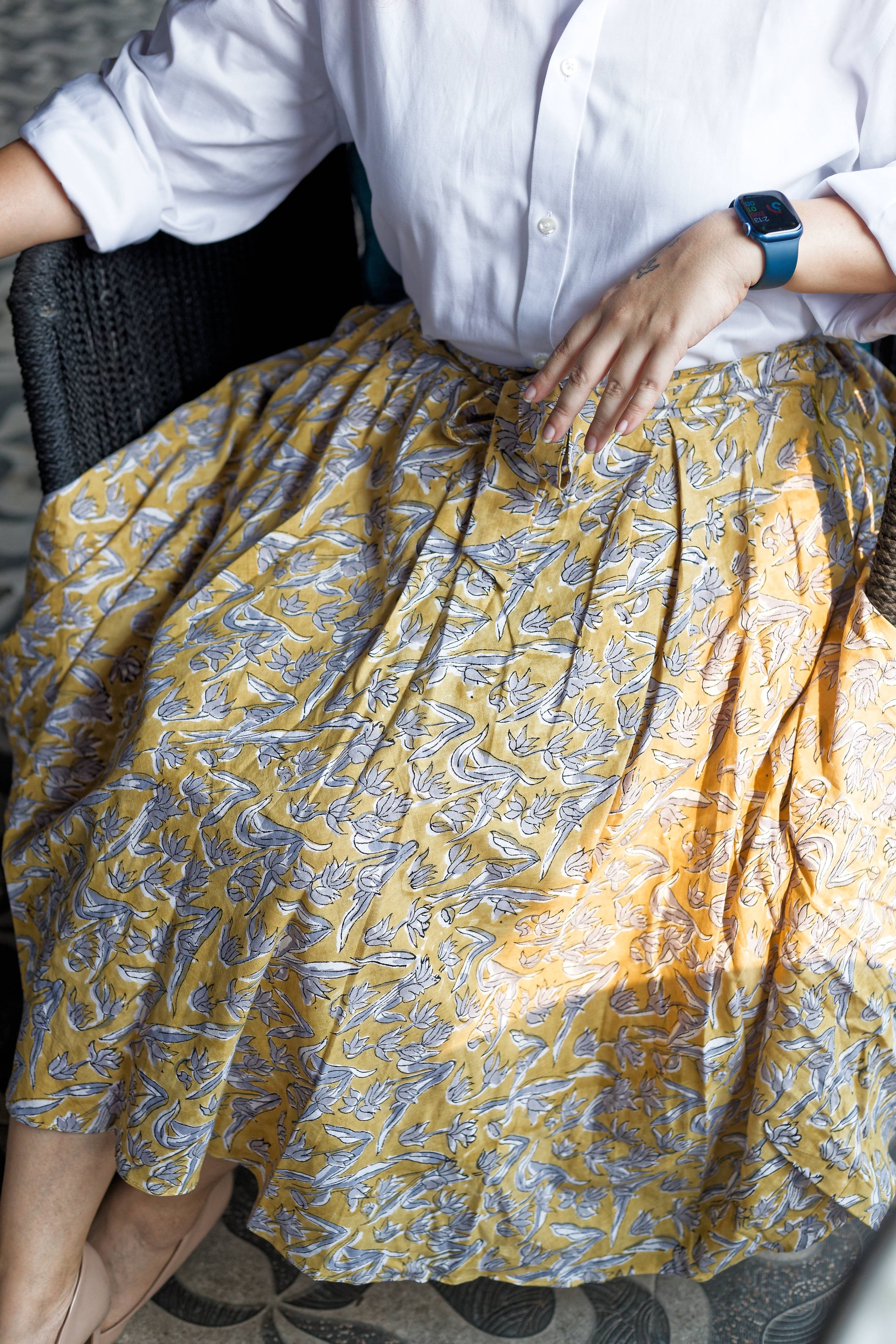 Mustard sangnaeri handblock print asymmetrical  cotton skirt