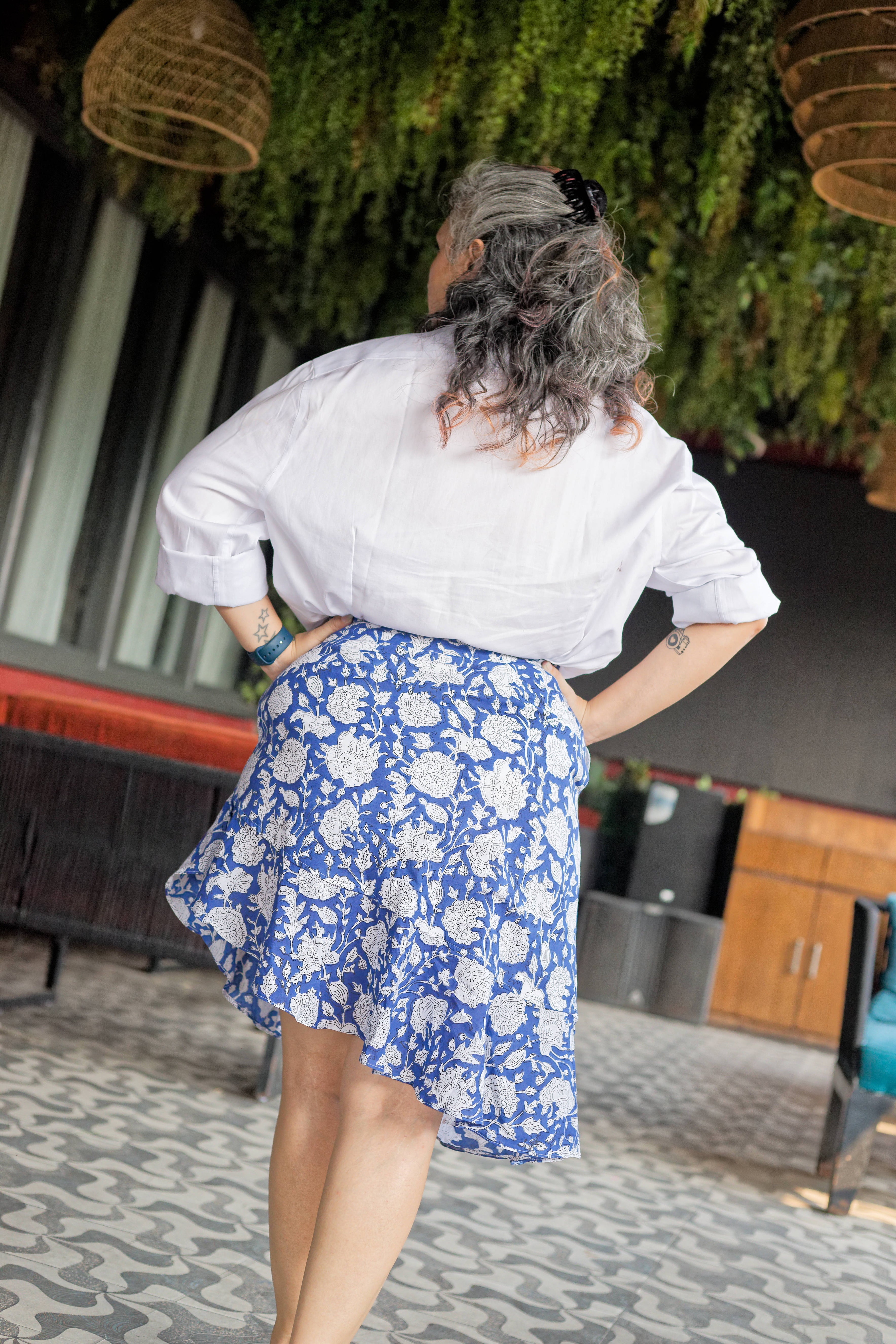 Blue sanganeri handblock print assyemtric cotton skirt