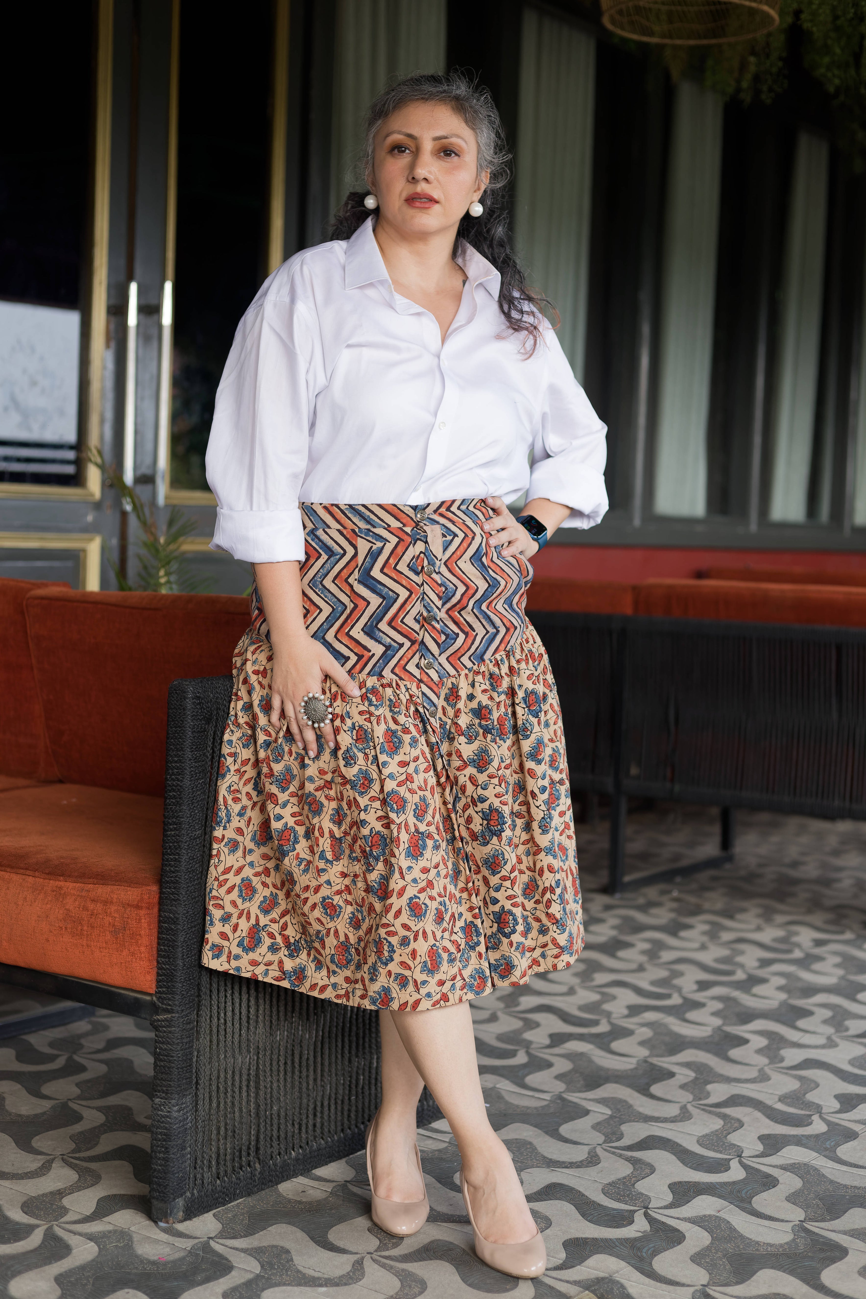 Off-white Ajrakh handblock print Yoke style cotton skirt