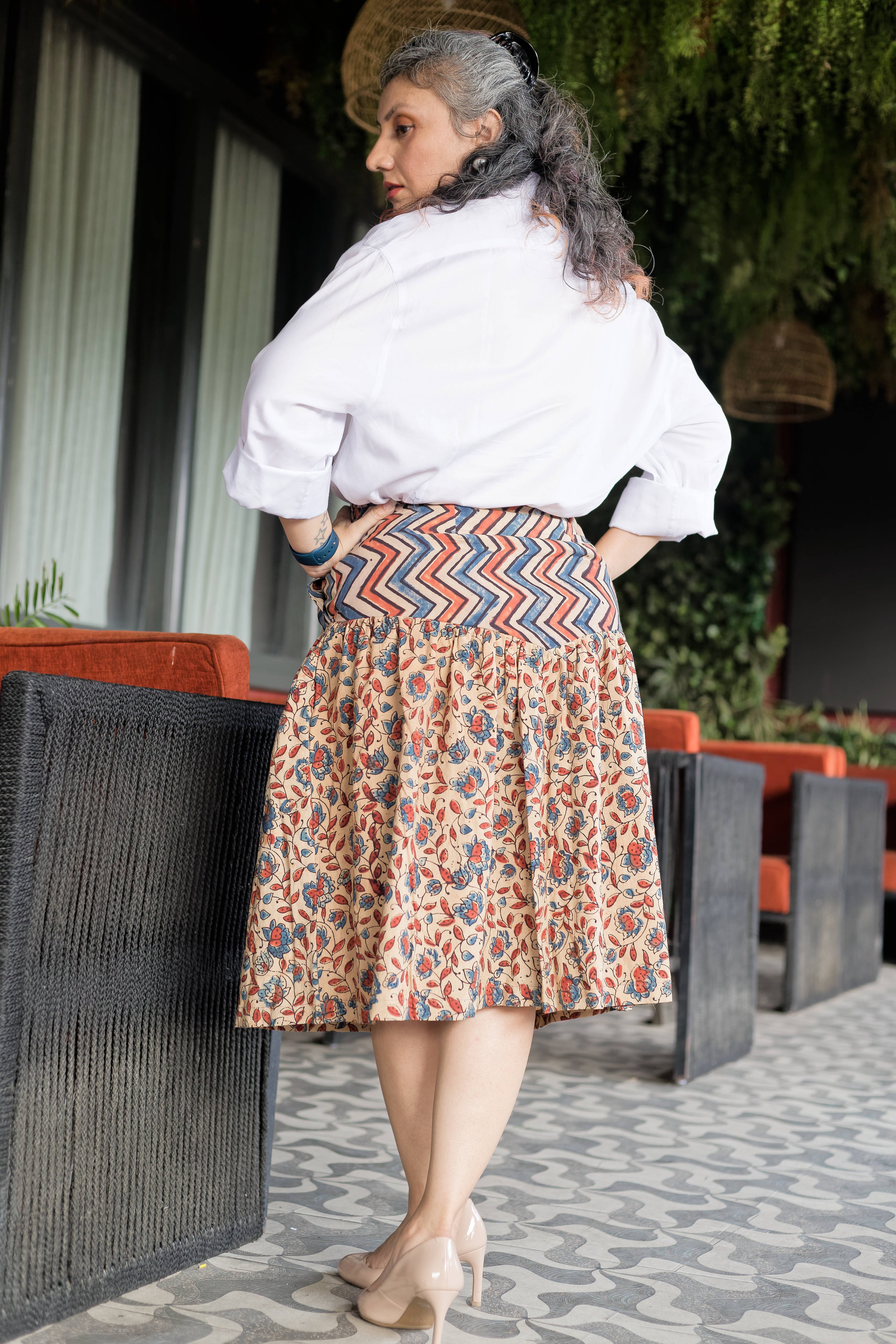Off-white Ajrakh handblock print Yoke style cotton skirt