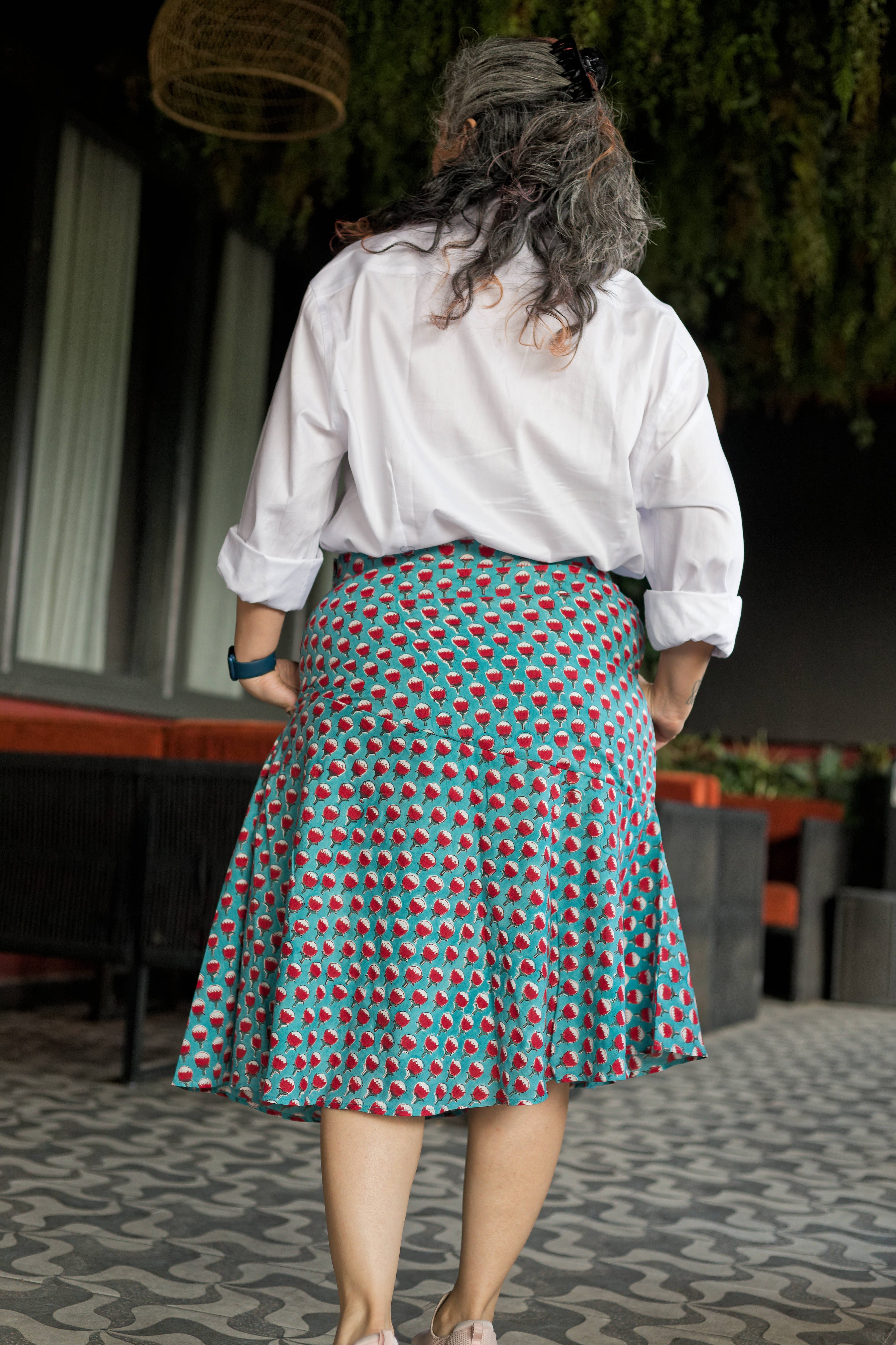 Green sanganeri with red booti handblock print trumpet cotton skirt