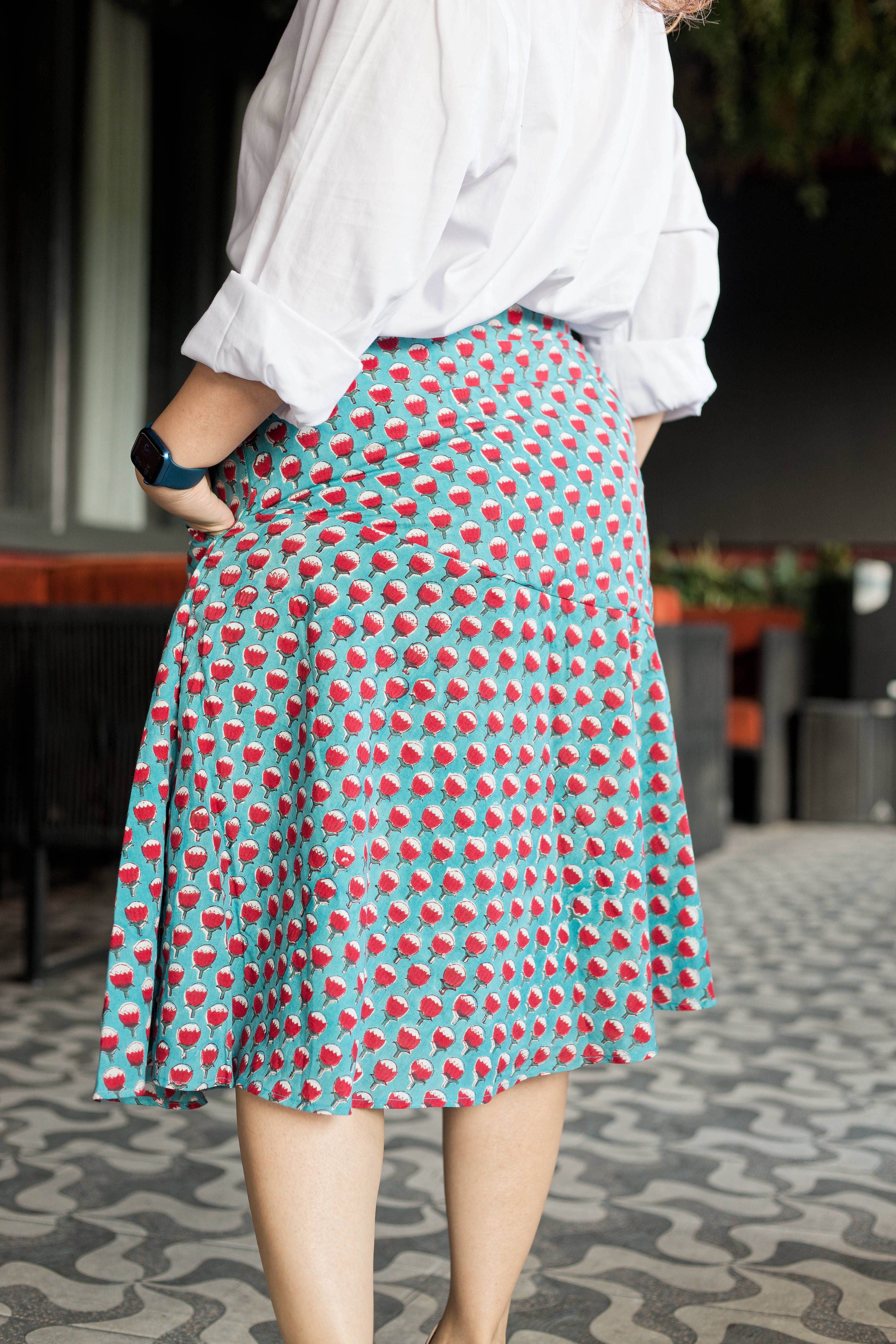 Green sanganeri with red booti handblock print trumpet cotton skirt