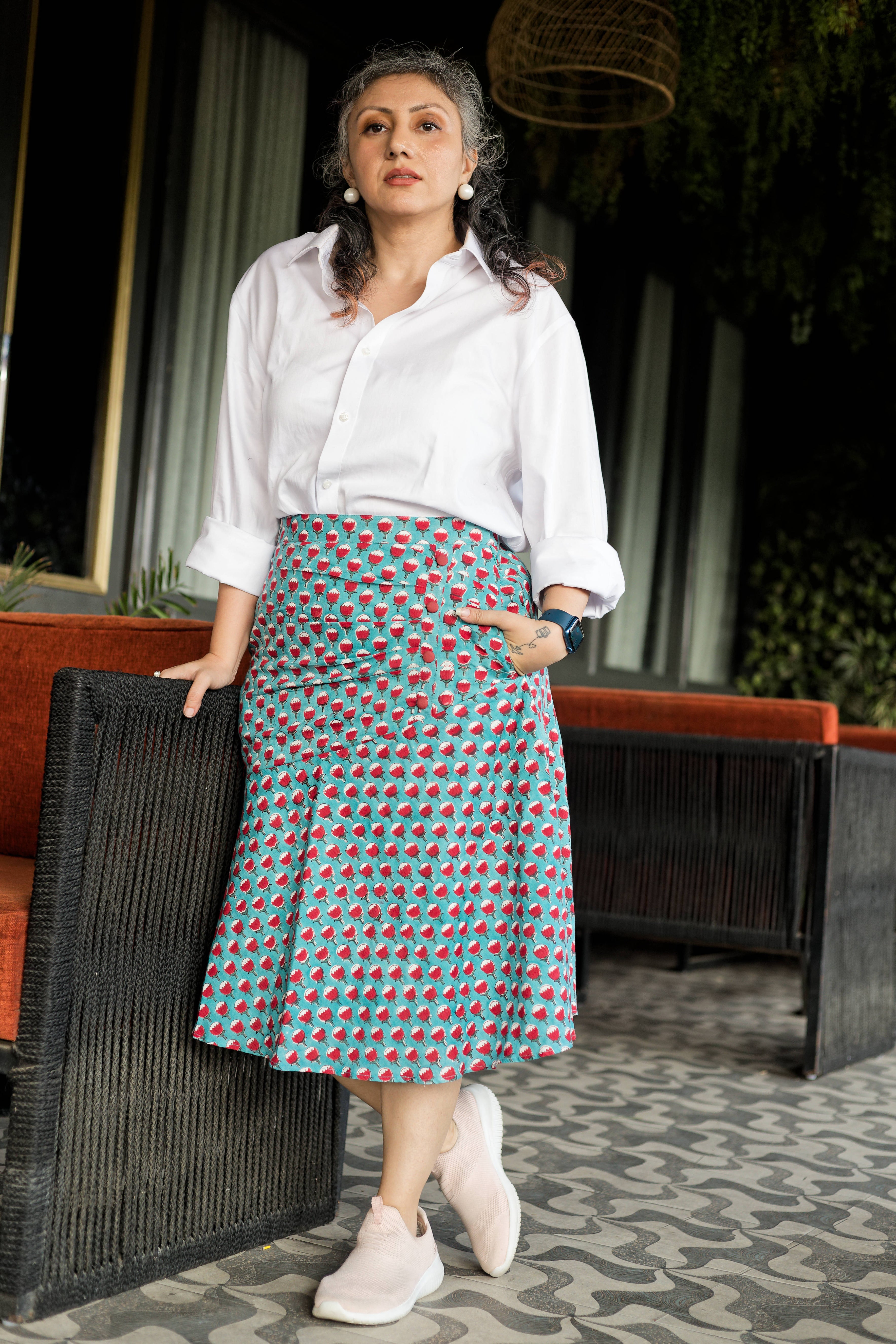 Green sanganeri with red booti handblock print trumpet cotton skirt