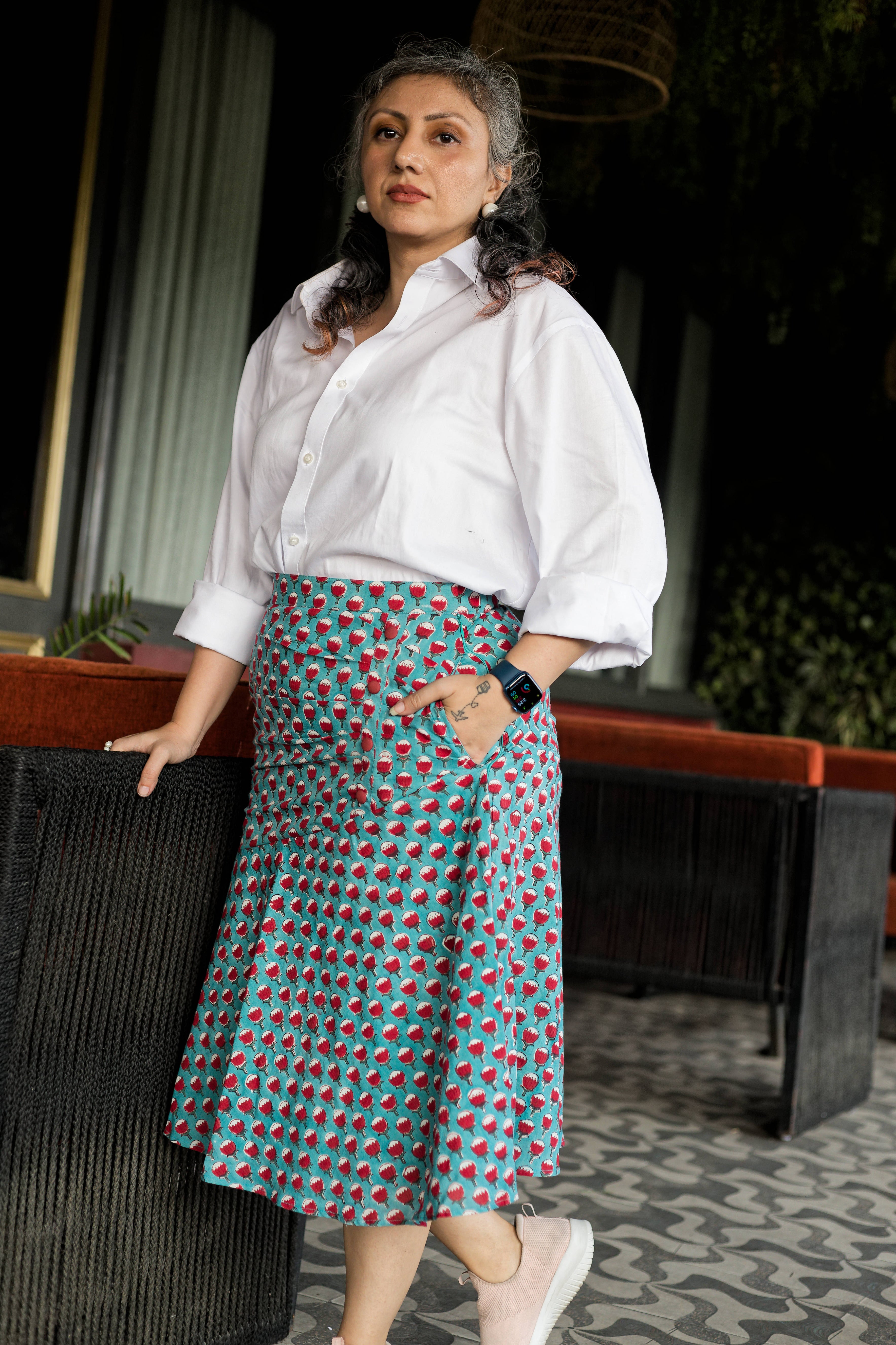 Green sanganeri with red booti handblock print trumpet cotton skirt
