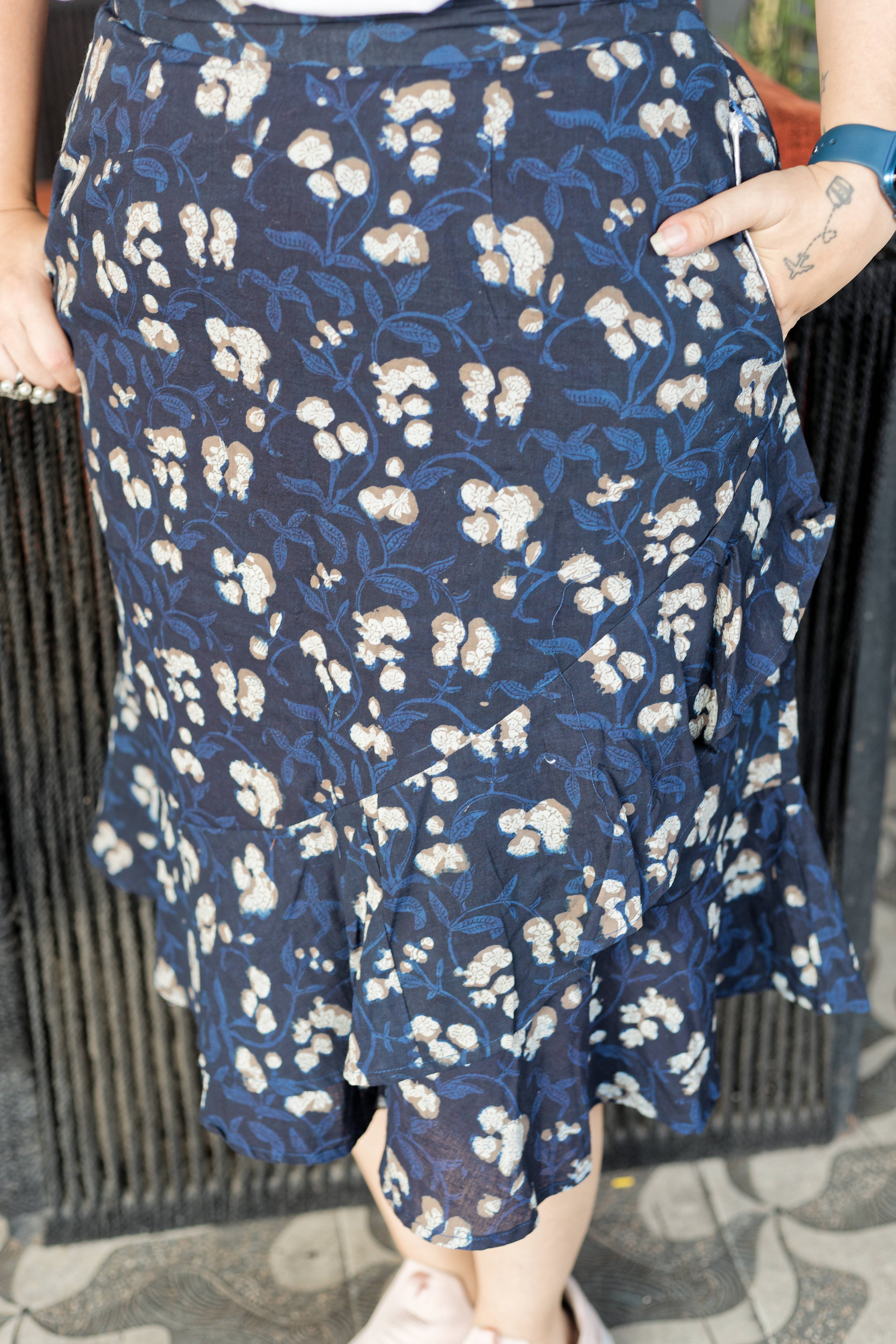 Dark blue bagru handblock print wrap style cotton skirt