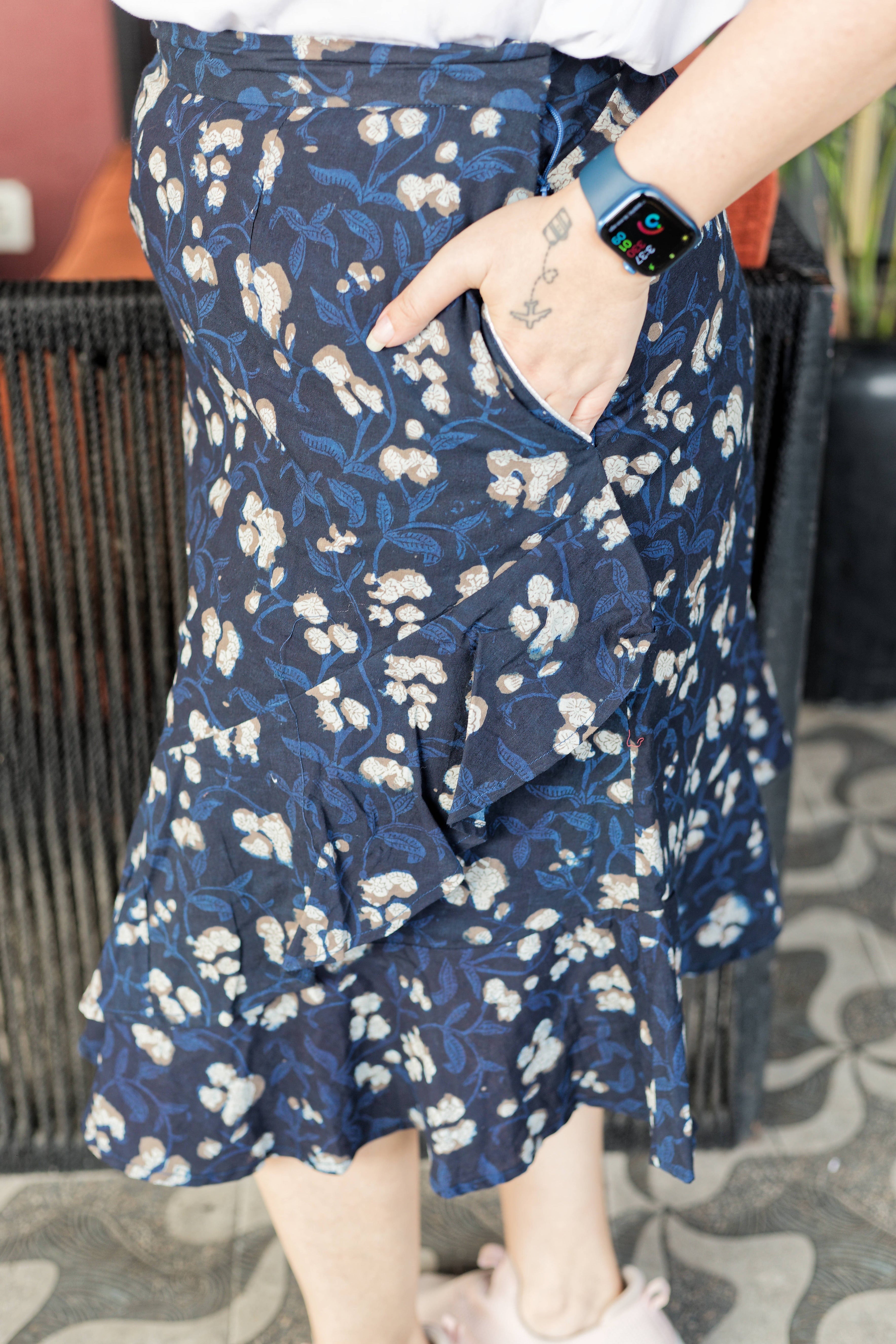 Dark blue bagru handblock print wrap style cotton skirt