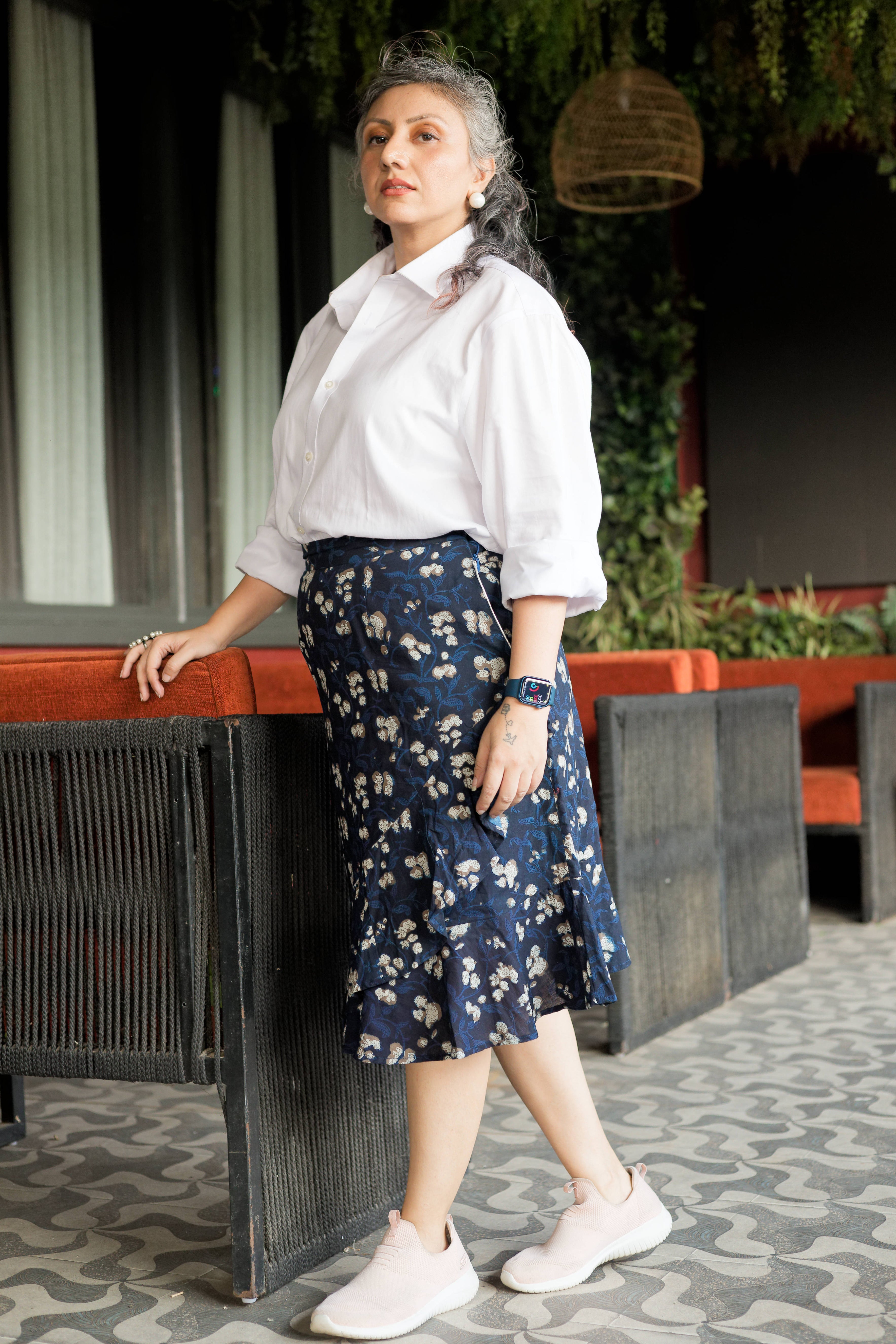 Dark blue bagru handblock print wrap style cotton skirt