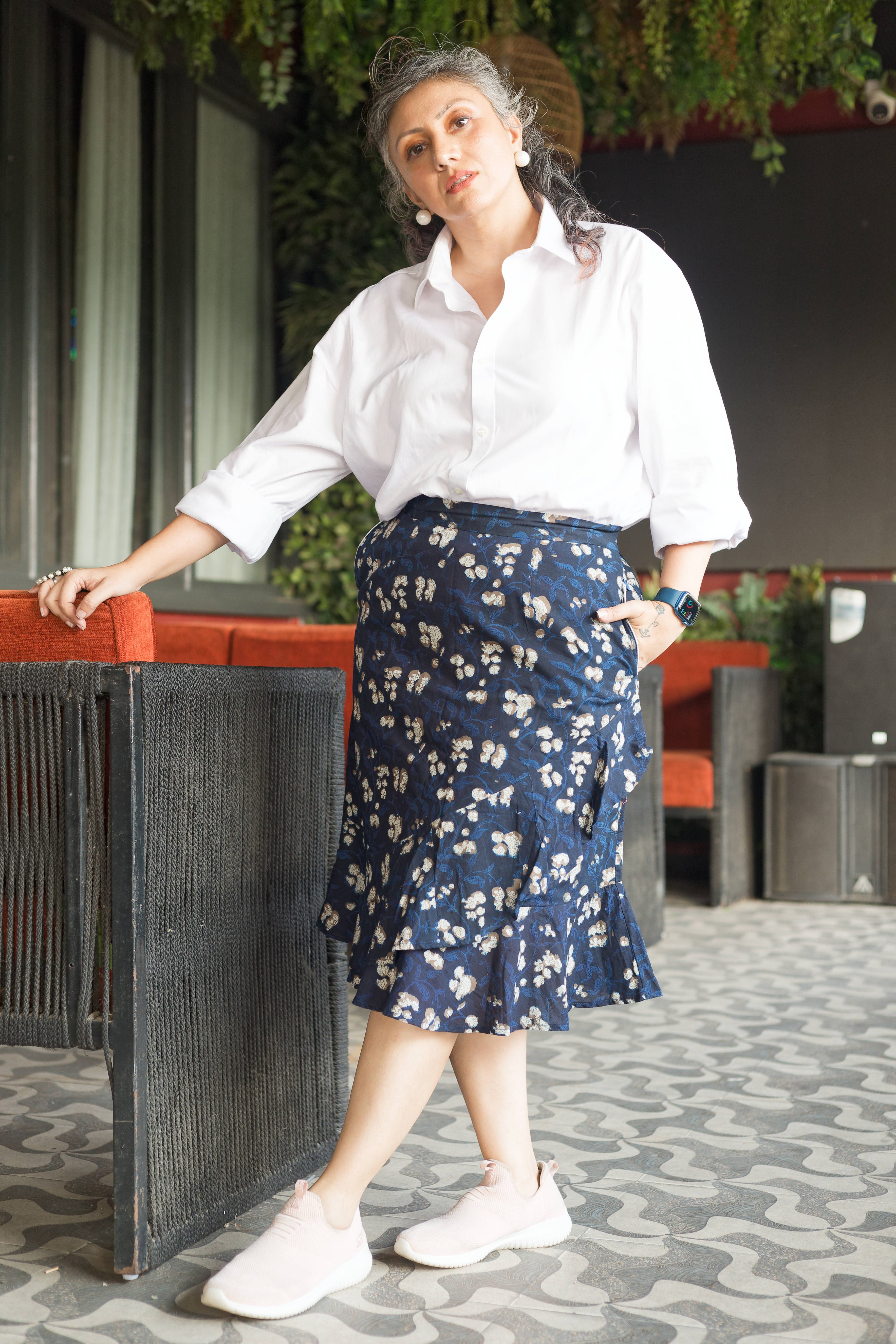Dark blue bagru handblock print wrap style cotton skirt