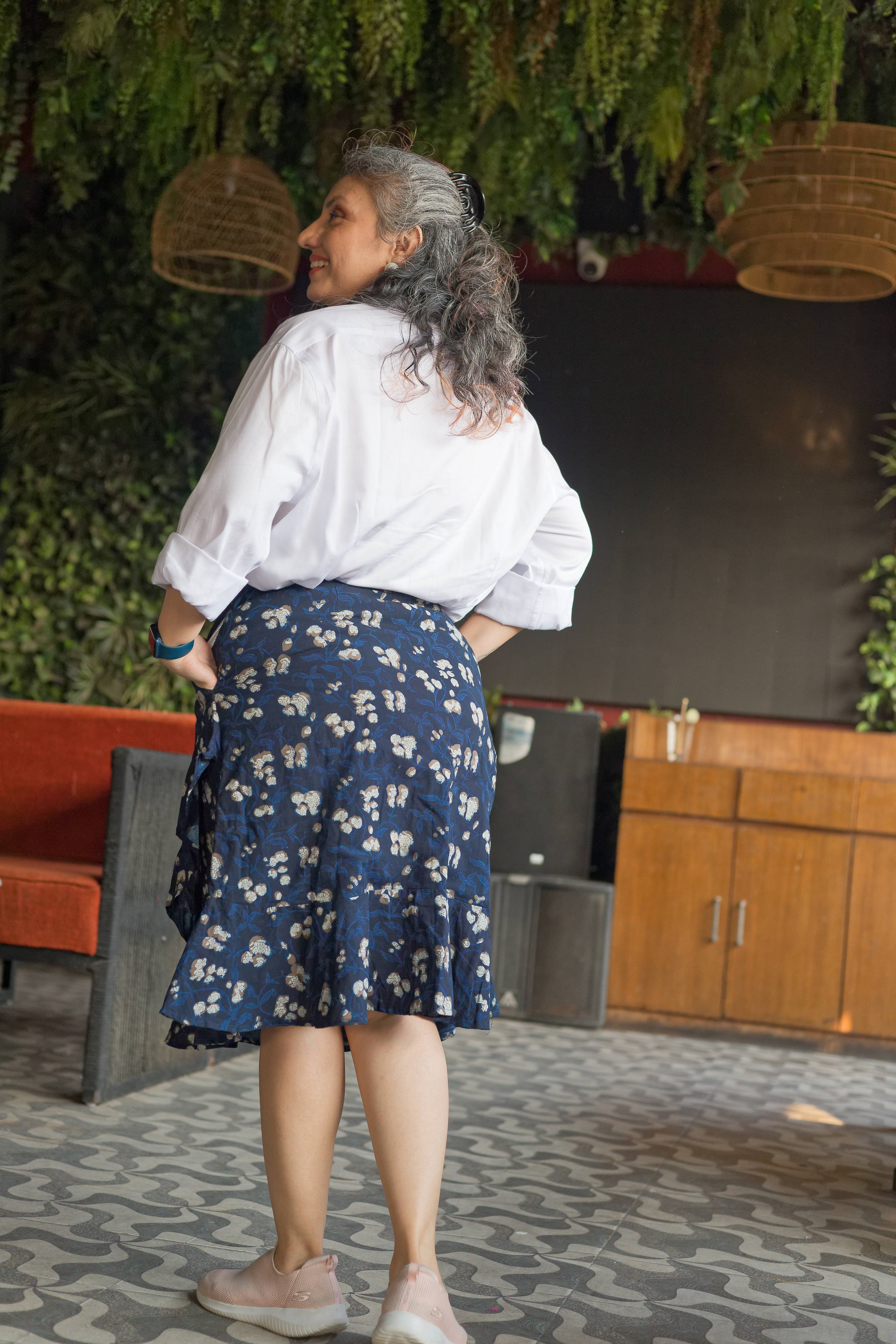 Dark blue bagru handblock print wrap style cotton skirt