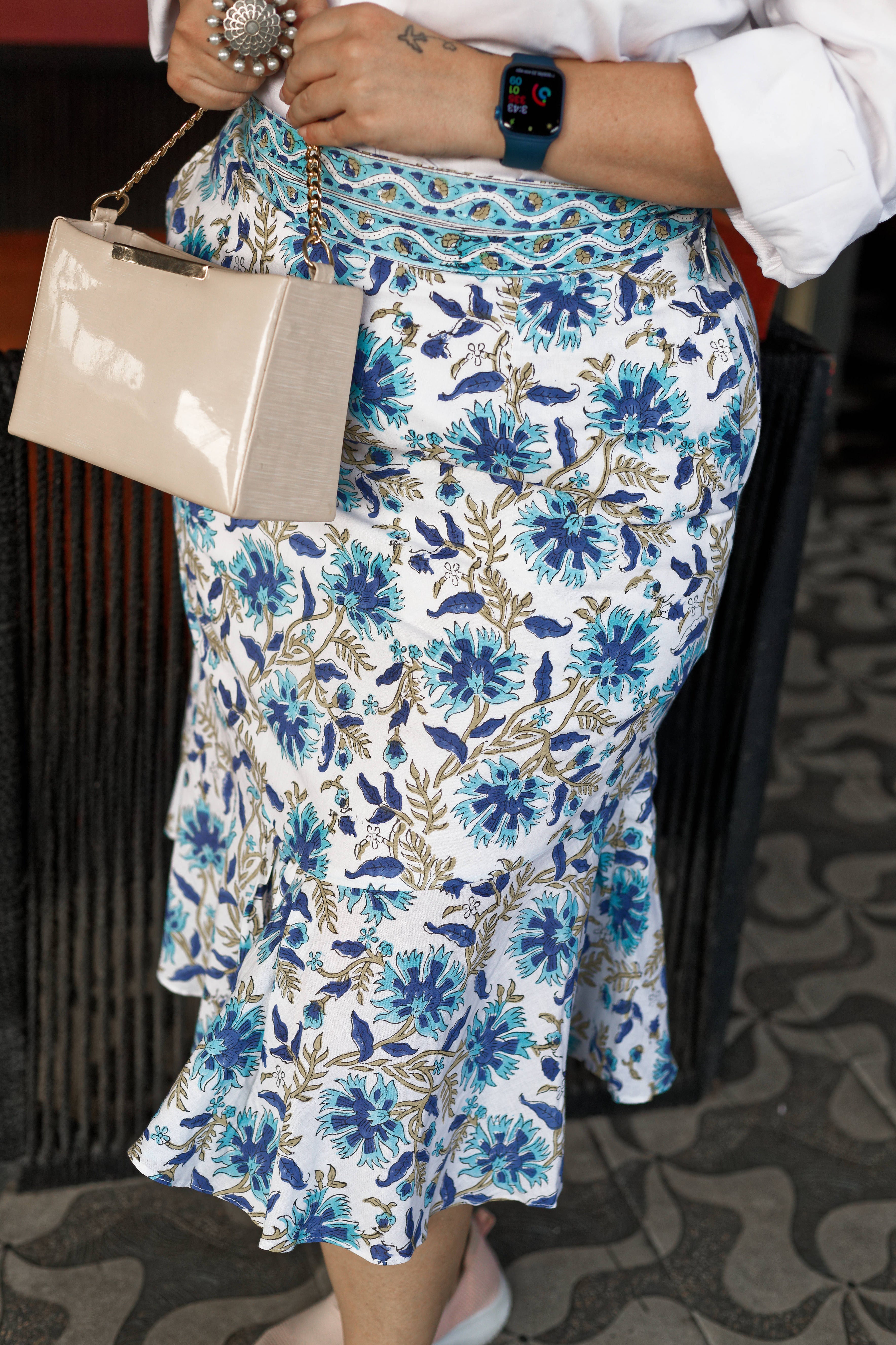 White cotton flounce skirt with blue sanganeri floral handblock prints