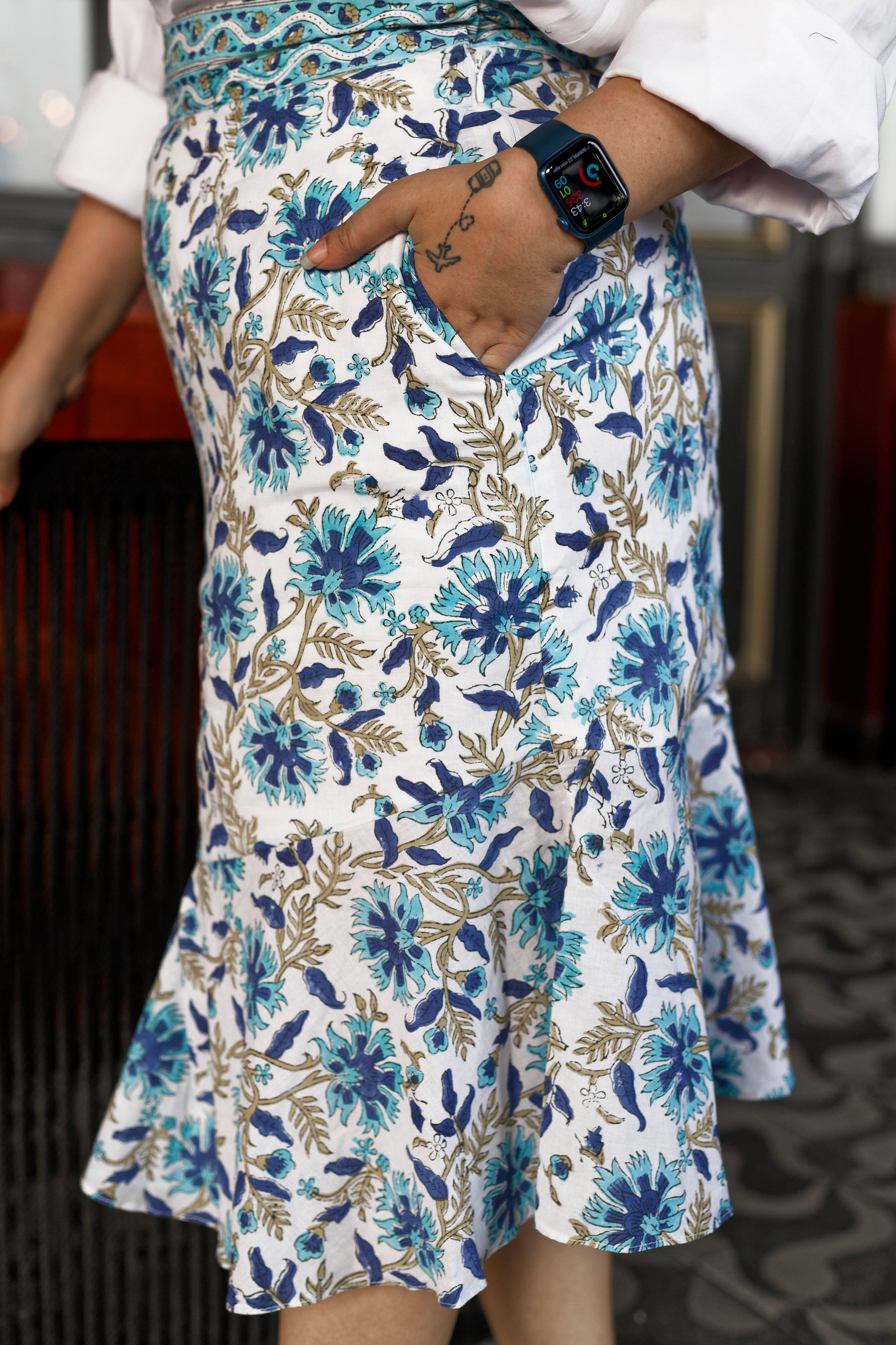 White cotton flounce skirt with blue sanganeri floral handblock prints