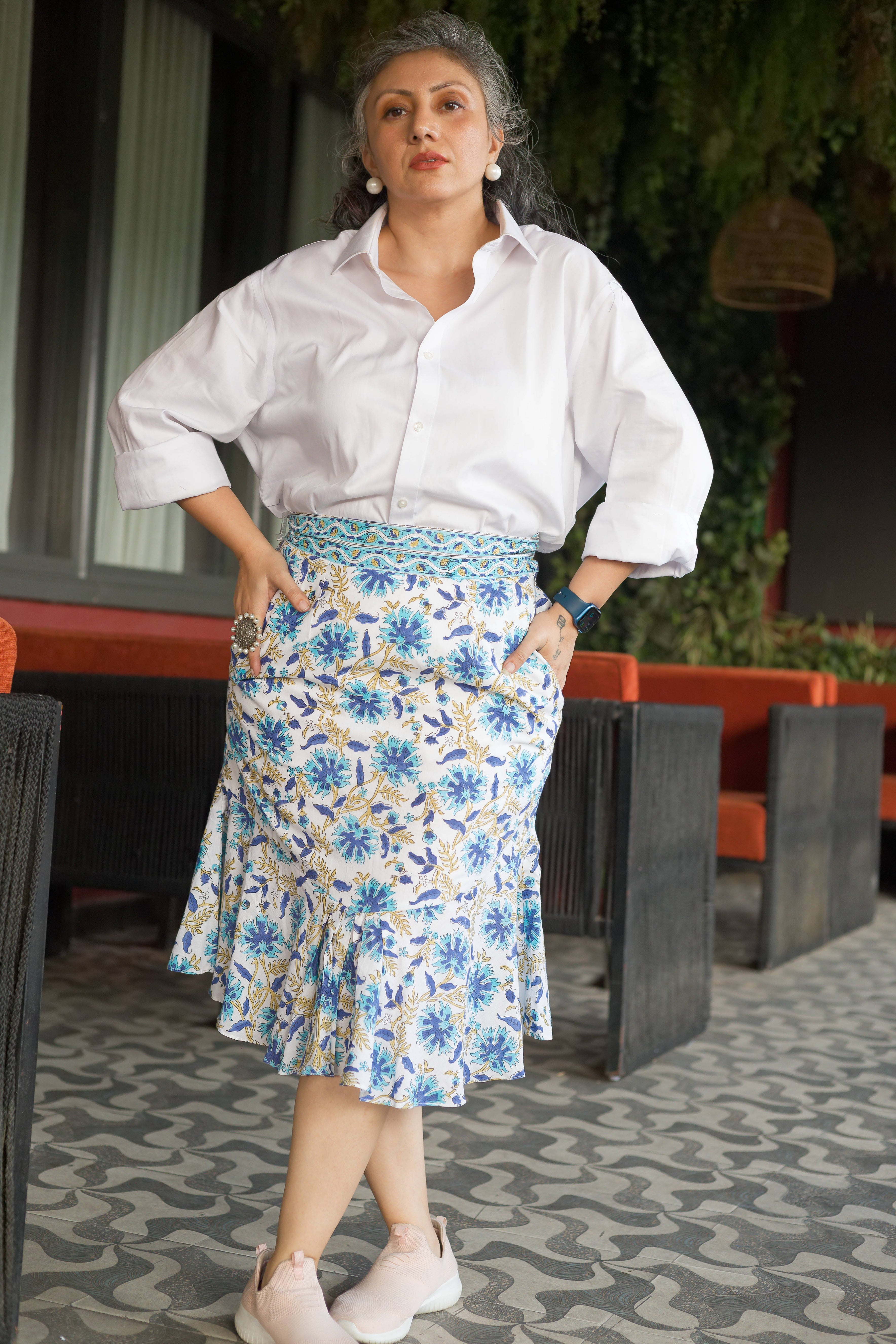 White cotton flounce skirt with blue sanganeri floral handblock prints