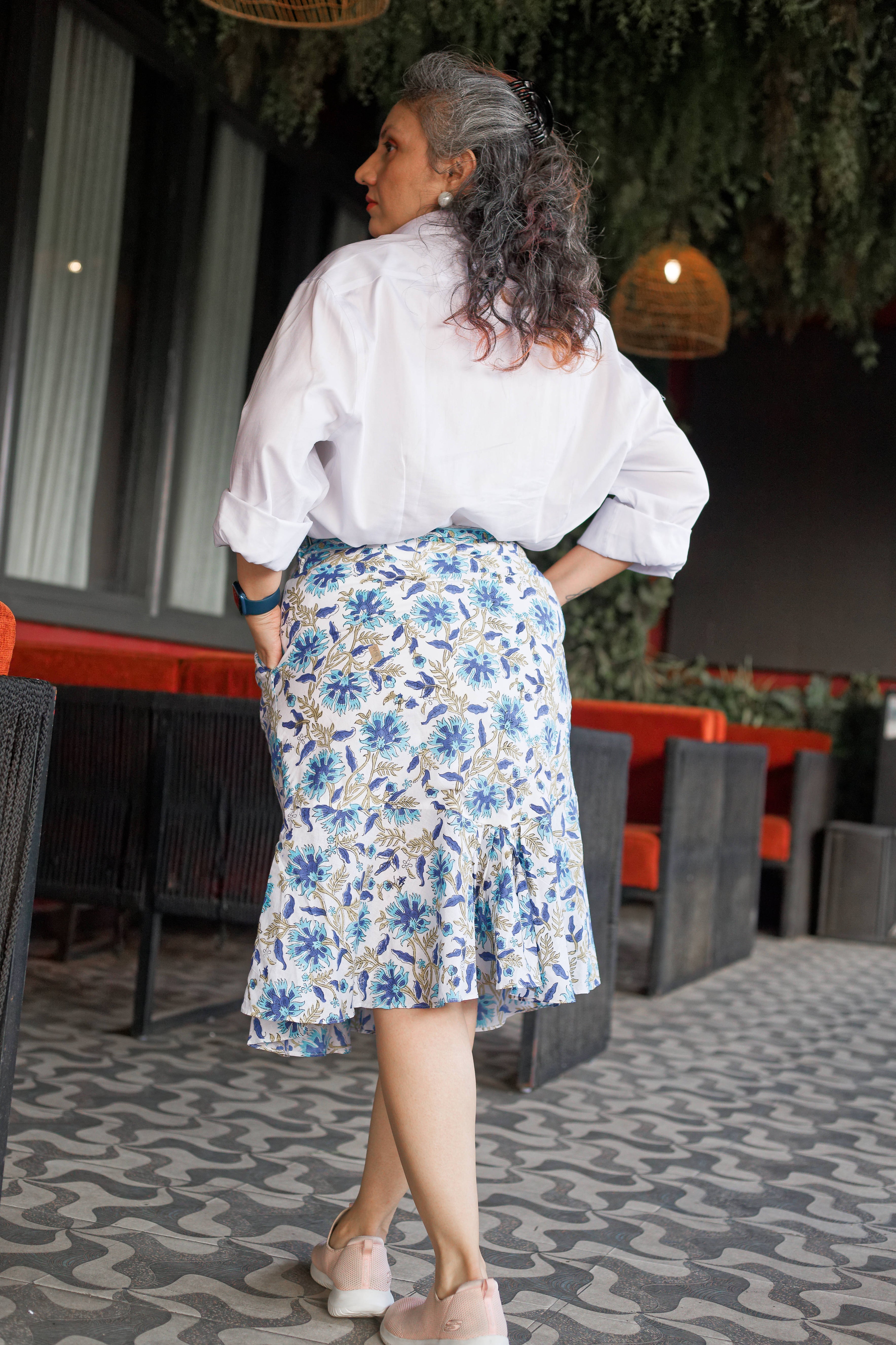 White cotton flounce skirt with blue sanganeri floral handblock prints