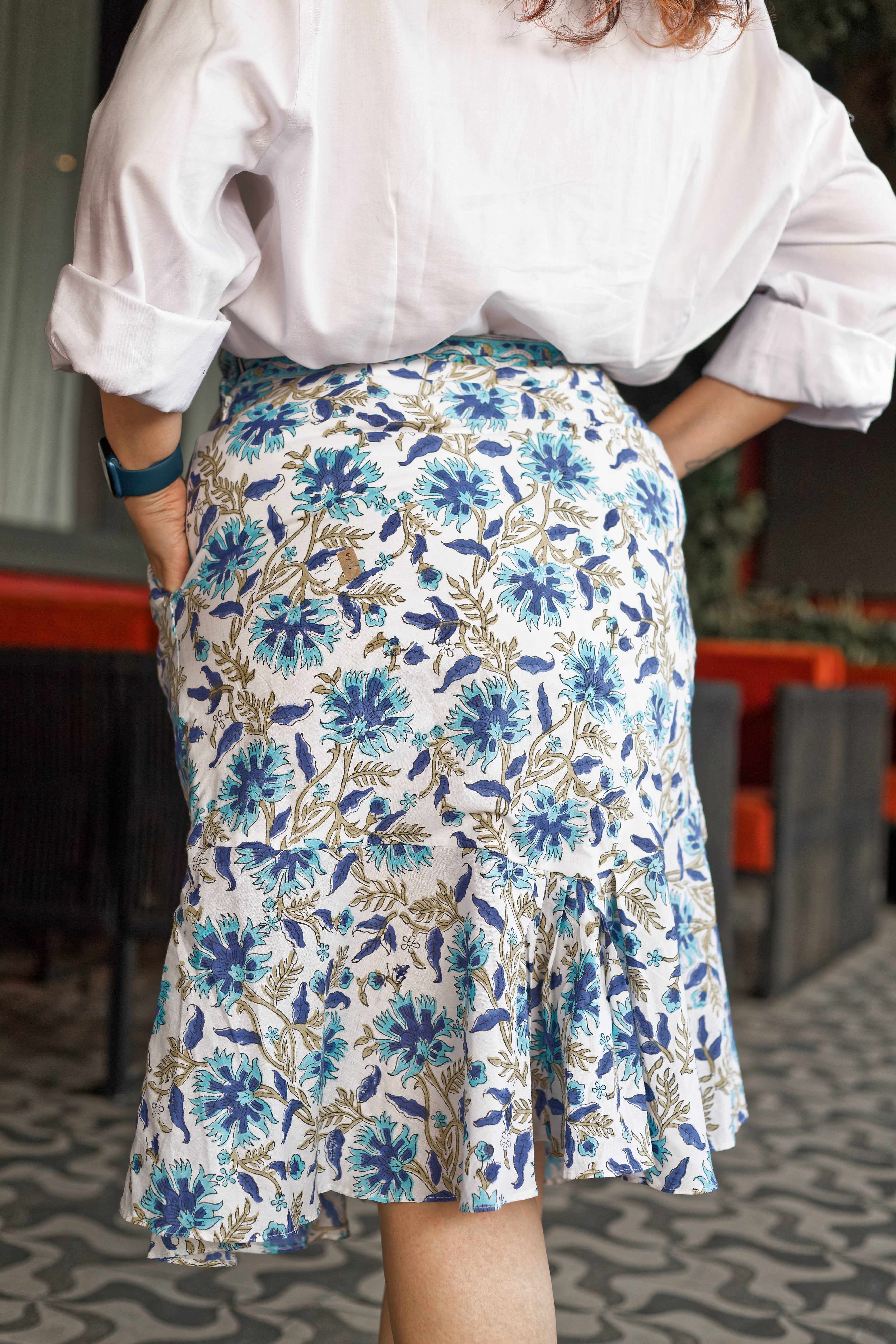 White cotton flounce skirt with blue sanganeri floral handblock prints