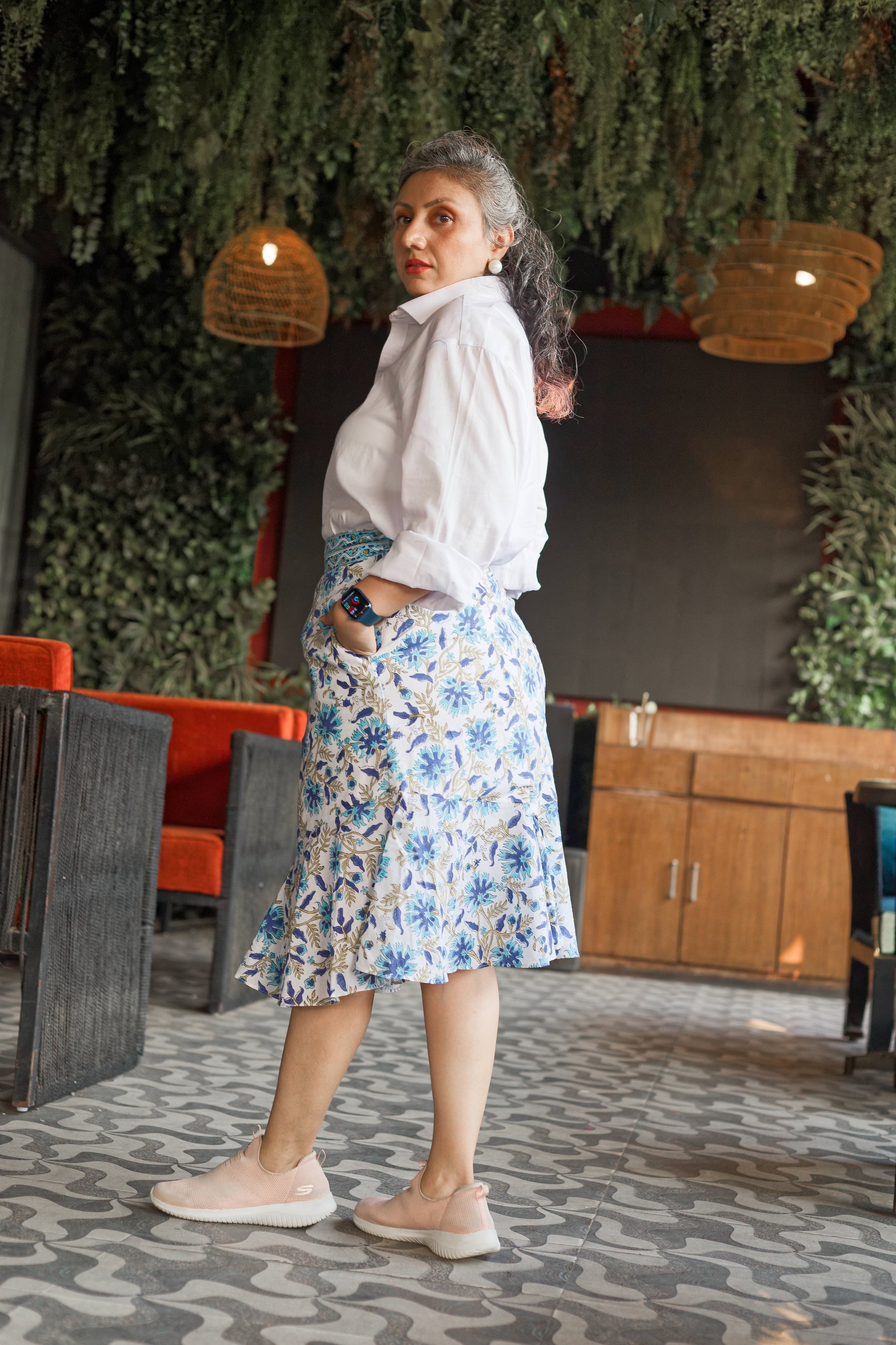 White cotton flounce skirt with blue sanganeri floral handblock prints