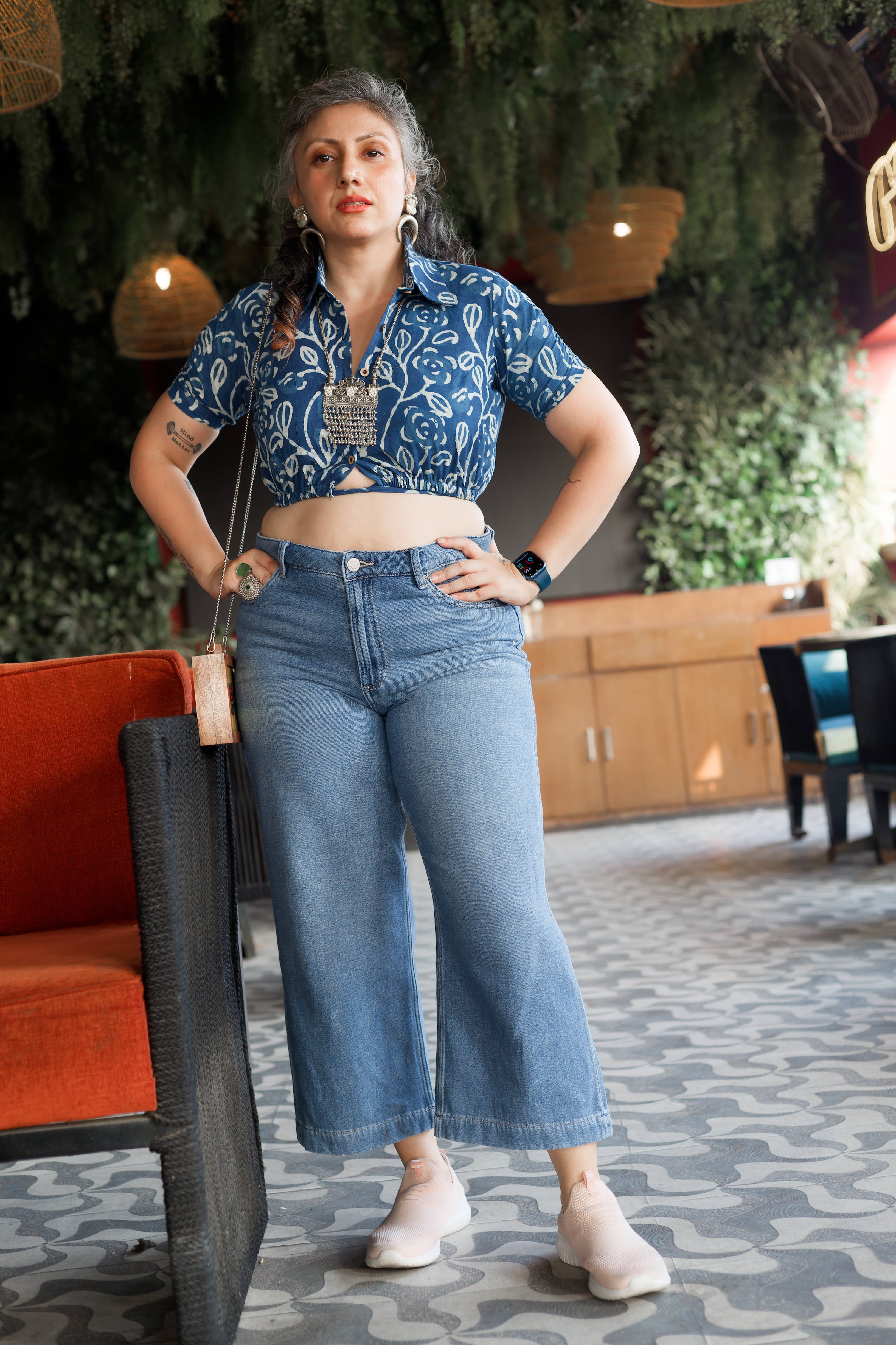 Indigo Dabu handblock leaf print tie-me-up crop top